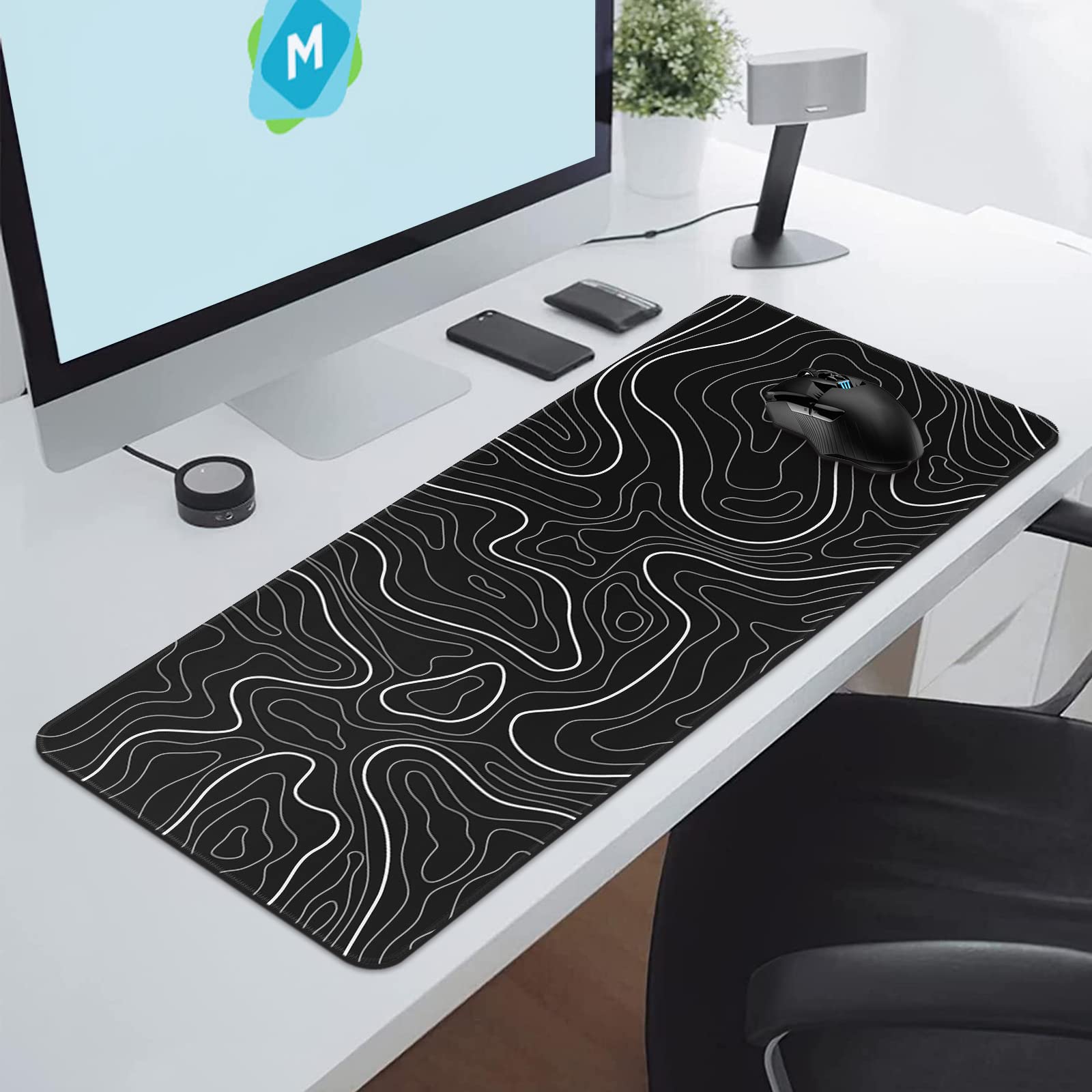 Large Gaming Mouse Pad 31.5 x 11.8 Inches - Non-Slip Rubber Base Extended Keyboard & Mouse Mat for PC, Laptop, Home & Office (Black with White Topographic Design) - Perfect for Gamers, Programmers & Office Workers