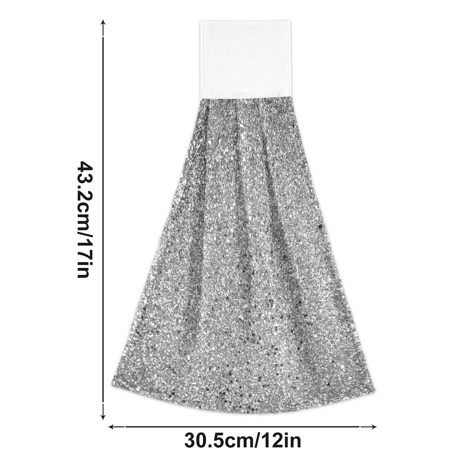 Poeticcity Glitter Silver Grey Hanging Kitchen Hand Towels - 2 Pack with Hook & Loop Dishcloths Set | Absorbent Tea Towel & Decorative Bar Towel for Kitchen, Bathroom, Dining Room