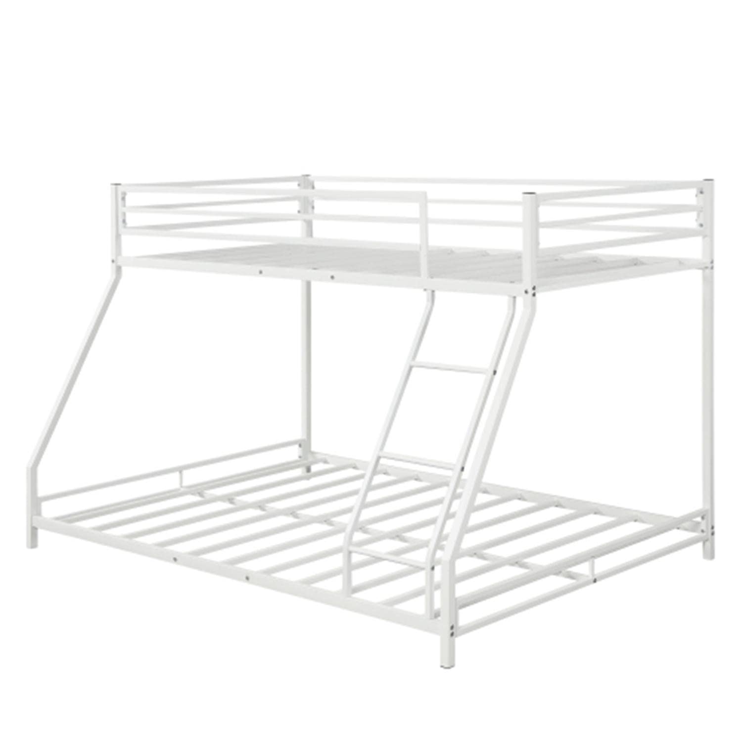 White Metal Twin Over Full Bunk Bed Frame with Sloping Ladder & Safety Guardrails - Sturdy Space-Saving Bunk Bed for Kids, Teens, Guest Rooms & Small Spaces