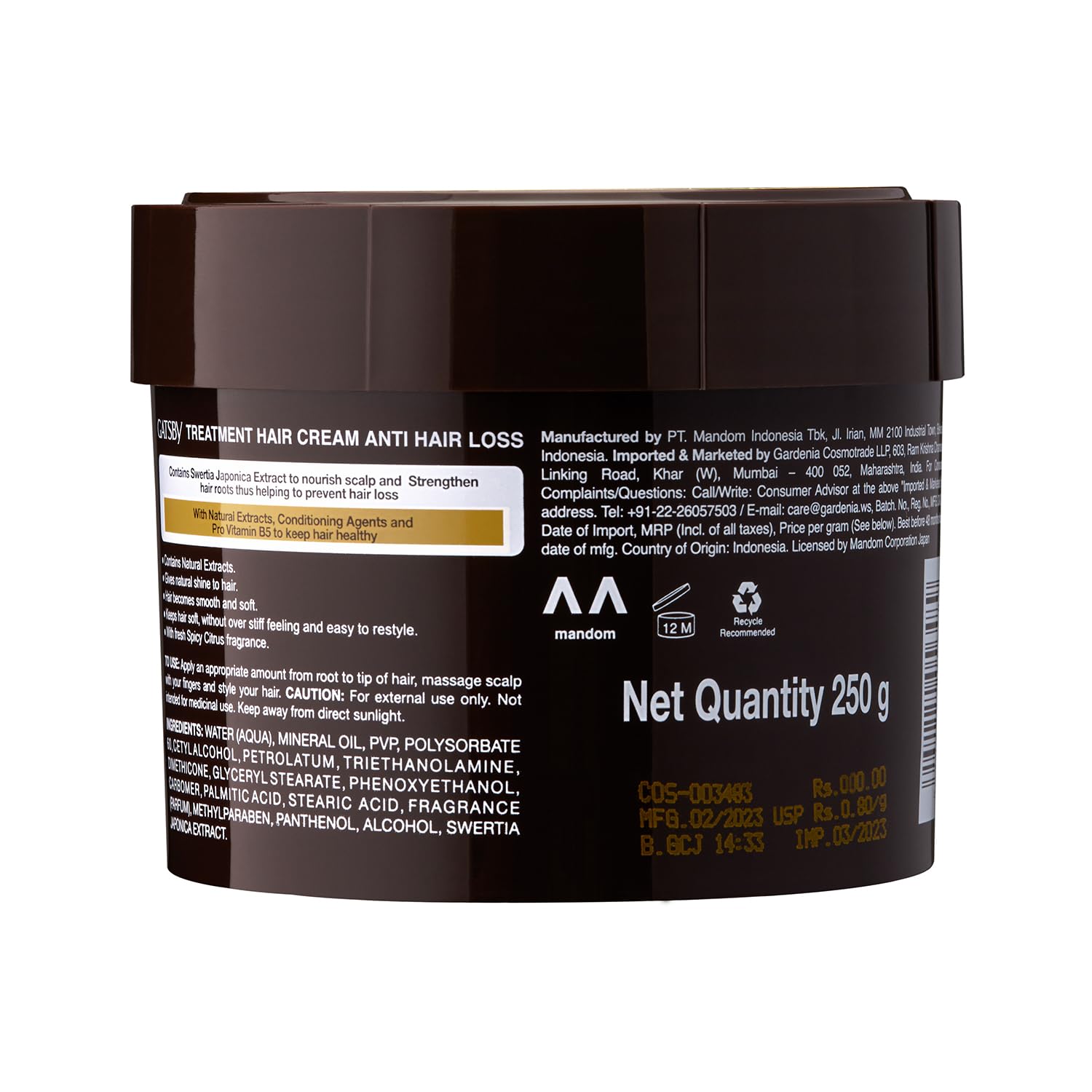 Gatsby Hair Treatment Cream - Anti Hair Loss & Scalp Nourishment 8.8oz | Pro Vitamin B5 & Natural Ingredients for Stronger Hair Roots | Deep Conditioning Hair Care | Perfect for Daily Use & Damaged Hair Repair | Made in Indonesia