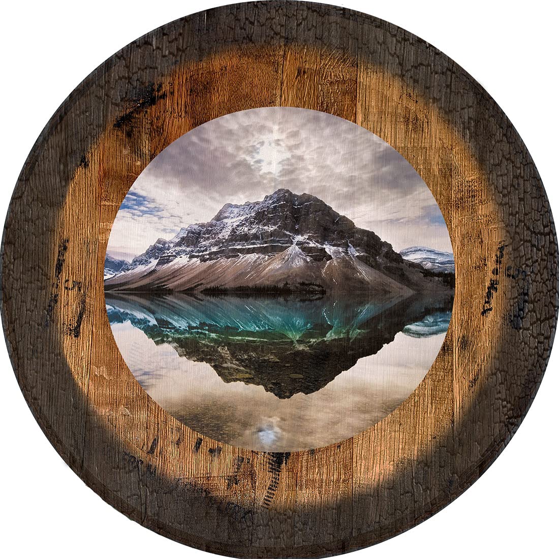 PS Prints Mountain Reflection Pub Sign - Large Oak Whiskey Barrel Lid Wall Decor for Home Bar, Man Cave & Cabin Decor - Rustic Vintage Wall Art for Whiskey Lovers