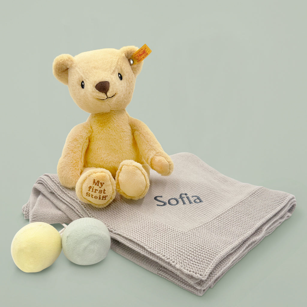Personalized My First Steiff Baby Socks and Blanket Gift Set - Neutral Newborn Essentials for Shower, Christening & Welcome Home Celebrations