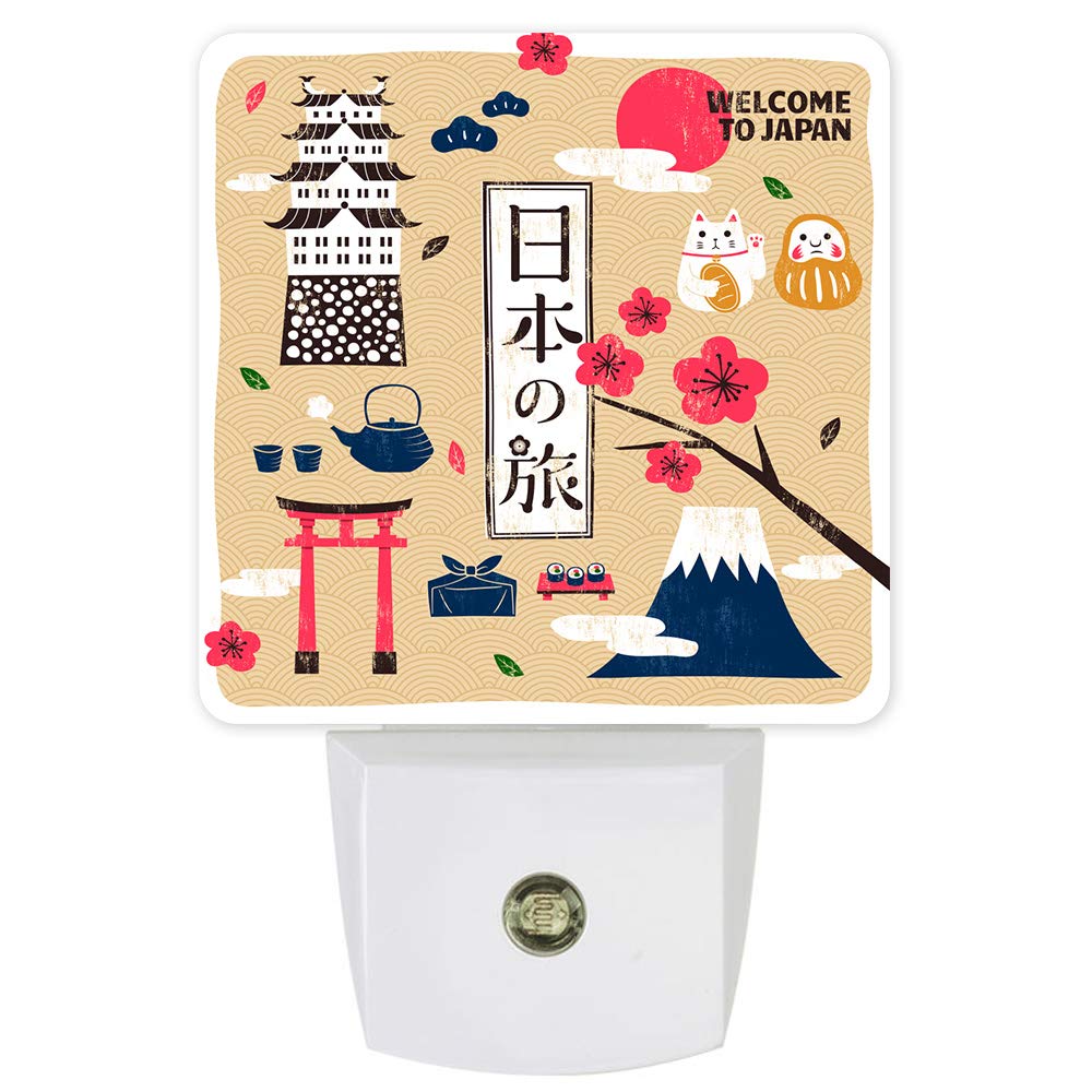 Dimmable LED Night Light with Auto Sensor - Dusk to Dawn Plug-in Wall Lamp, Japanese Travel Poster Design for Bedroom, Bathroom, Nursery, Hallway & Stairs | Perfect for Nighttime Safety, Kids' Rooms & Home Decor