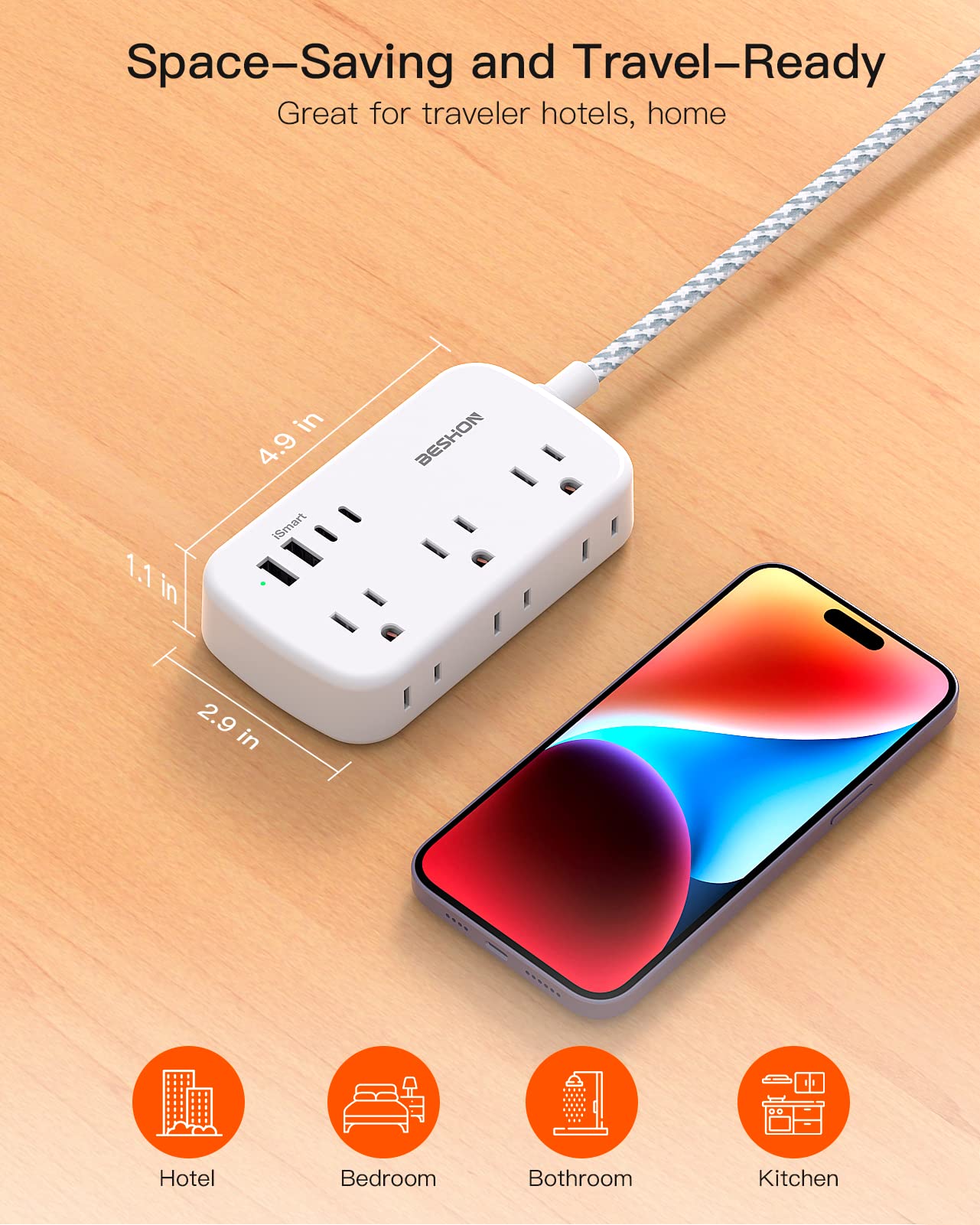 5FT Flat Plug Extension Cord with 6 Outlets & 4 USB Ports (2 USB C) - Cruise Ship, Dorm Room Travel Essentials - Perfect for Charging Multiple Devices On The Go