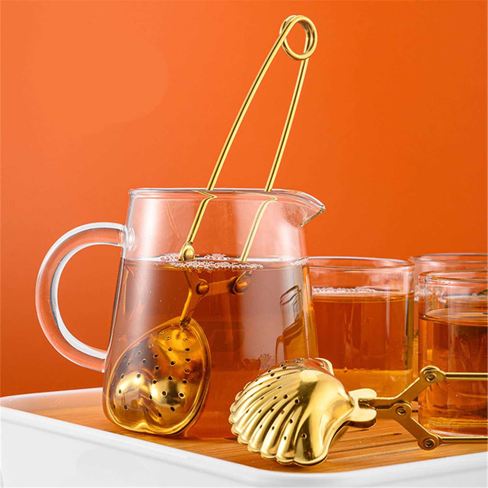 5Pcs Stainless Steel Tea Infuser Balls - Seashell, Heart, Star, Pineapple & Teapot Shaped Loose Leaf Tea Strainers with Long Handle (Gold) | Perfect for Brewing Herbal, Green & Black Tea at Home, Office or Travel