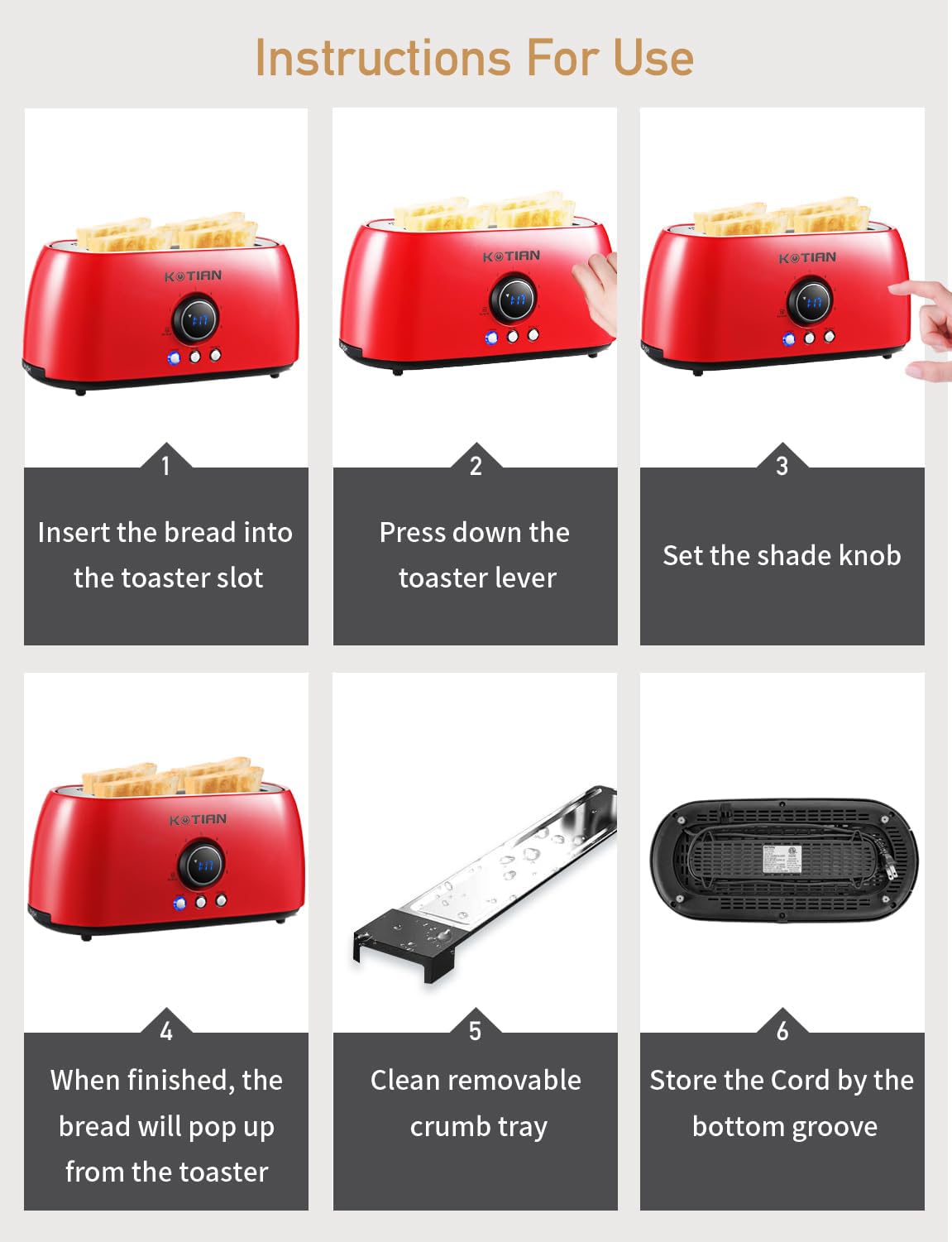 KOTIAN 4 Slice Stainless Steel Toaster - Extra Wide Slot Retro Toaster with 6 Toast Settings, Bagel/Defrost/Reheat/Cancel Functions, Countdown Timer & Removable Crumb Tray (Red) - Perfect for Breakfast, Brunch, and Family Gatherings