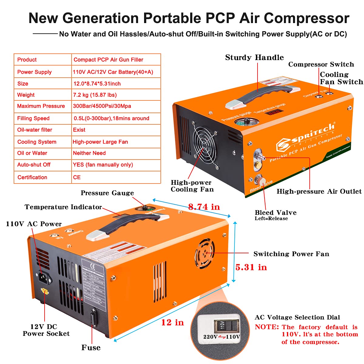 High-Pressure PCP Air Compressor 4500PSI/30MPA - Oil-Free & Water-Free with Auto Shutoff, Built-in Power Adapter (110V AC/12V DC) - Perfect for Paintball Tanks, Air Guns & Scuba Diving Gear