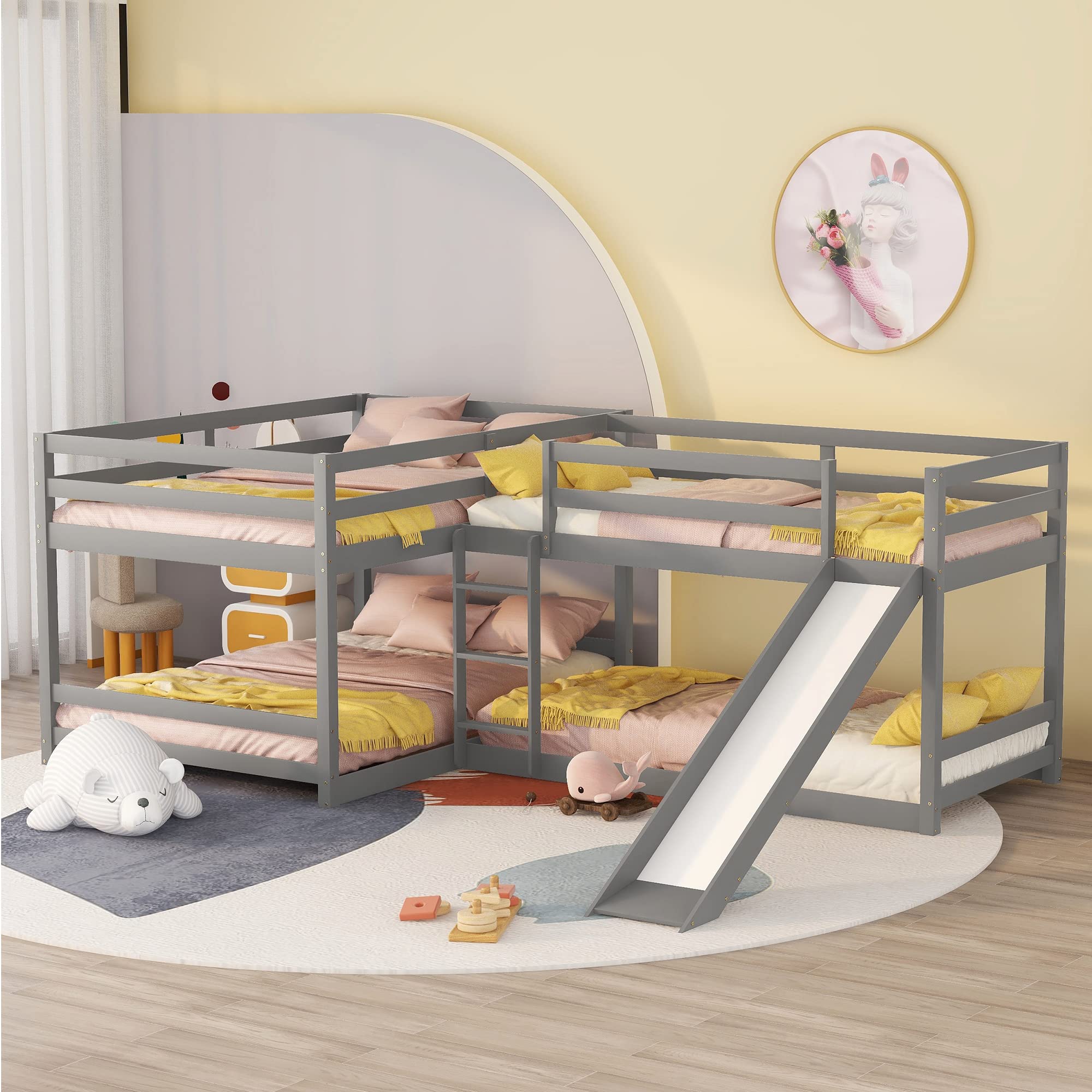 L-Shaped Wooden Quad Bunk Beds with Slide & Ladder - 4-in-1 Full/Twin Size Bunk Bed for Kids, Teens & Adults - Space-Saving Grey Bedroom Furniture for Shared Rooms, Vacation Homes & Dormitories