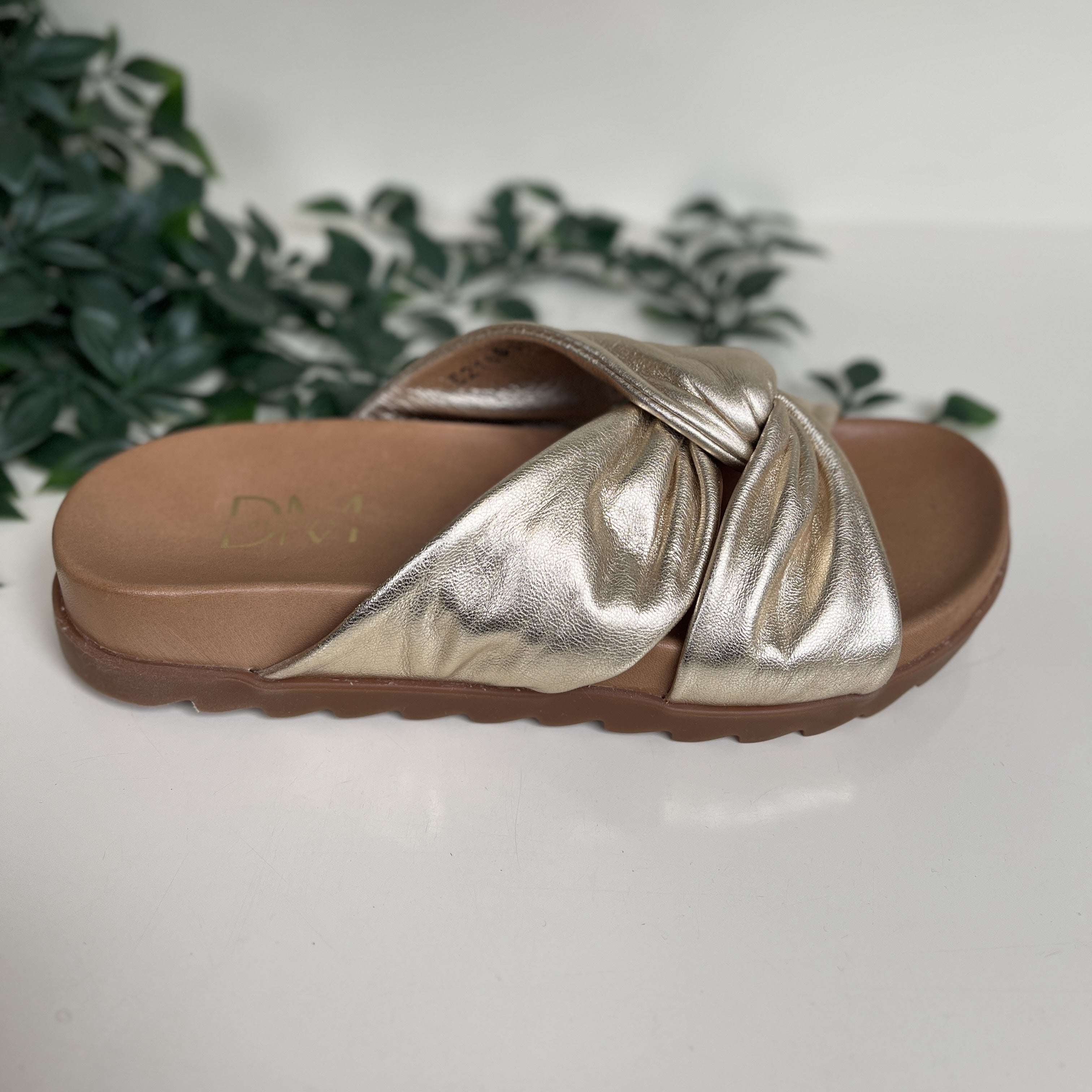Fabucci Women's Gold Leather Slider Sandals - Comfortable Slide-On Sandals for Summer, Beach, and Casual Wear
