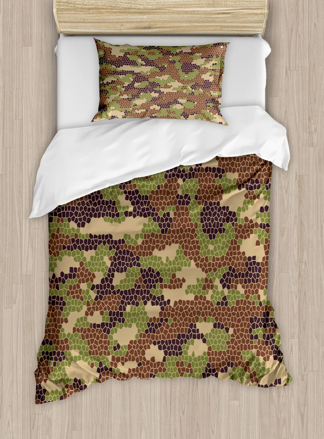 Ambesonne Camo Duvet Cover Set - Twin Size 2-Piece Bedding Set with 2 Duvet Covers & 2 Pillowcases, Green Brown Dark Brown Abstract Camouflage Pattern - Perfect for Summer Season, Kids Room, Guest Bedroom, and Camping Adventures