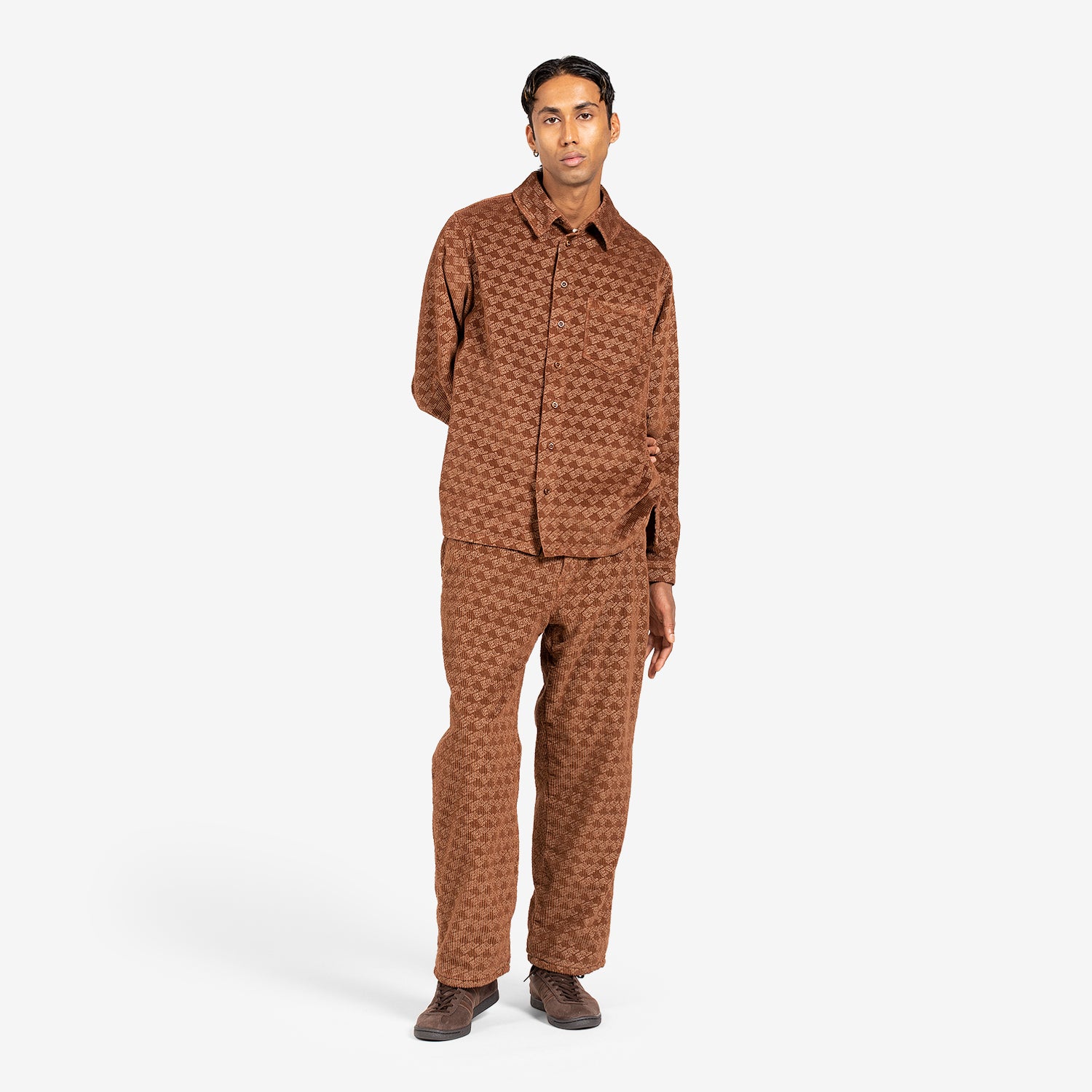 Stylish Corduroy Embossed Button-Down Shirt for Men - Brown Woven Fabric - Perfect for Casual Outings & Office Wear