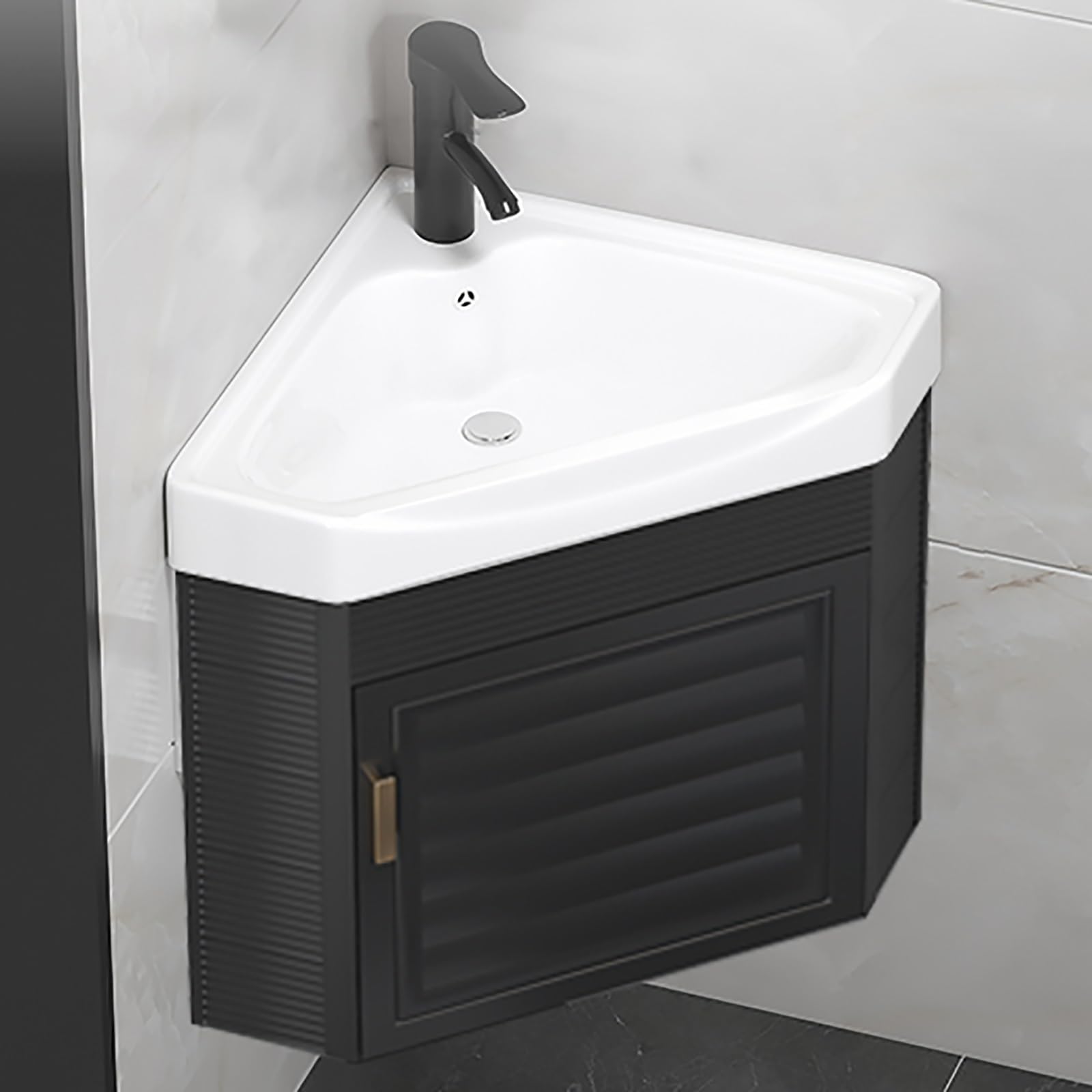 Wall Mounted Corner Bathroom Sink Cabinet with Storage - 15 Inch Black Vanity for Small Bathrooms | Space Saving Design for Apartments & Powder Rooms
