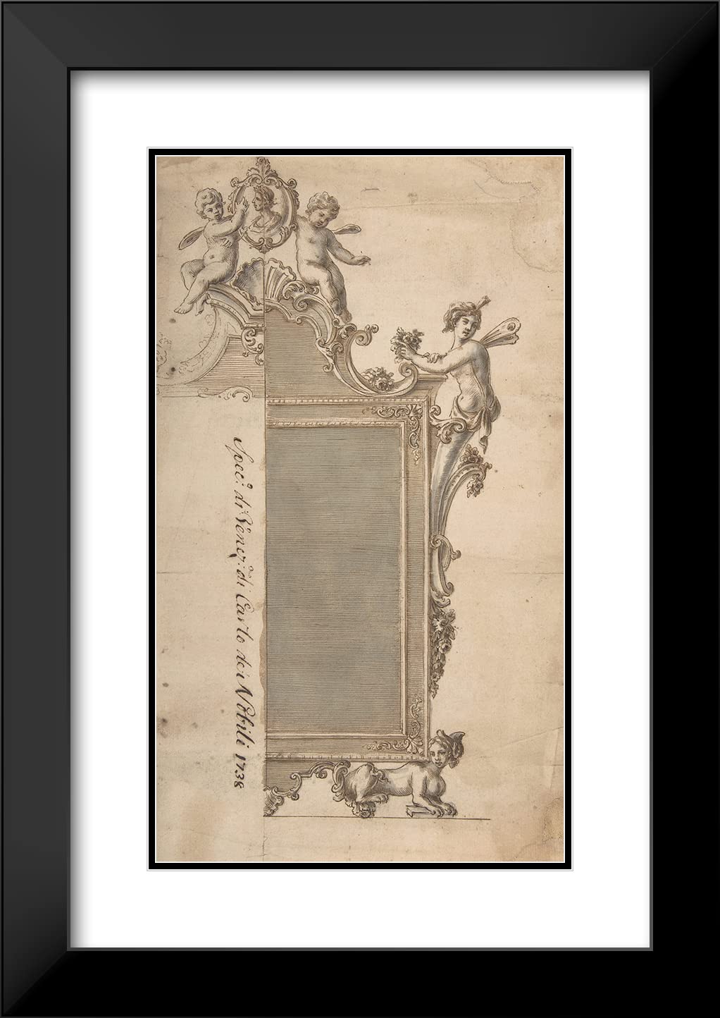 Giovanni Battista Natali III 12x18 Black Modern Framed Art Print - Design for Mirror Frame (ca. 1720-40) | Double Matted Museum Quality | Wall Decor for Living Room, Office & Gallery Display