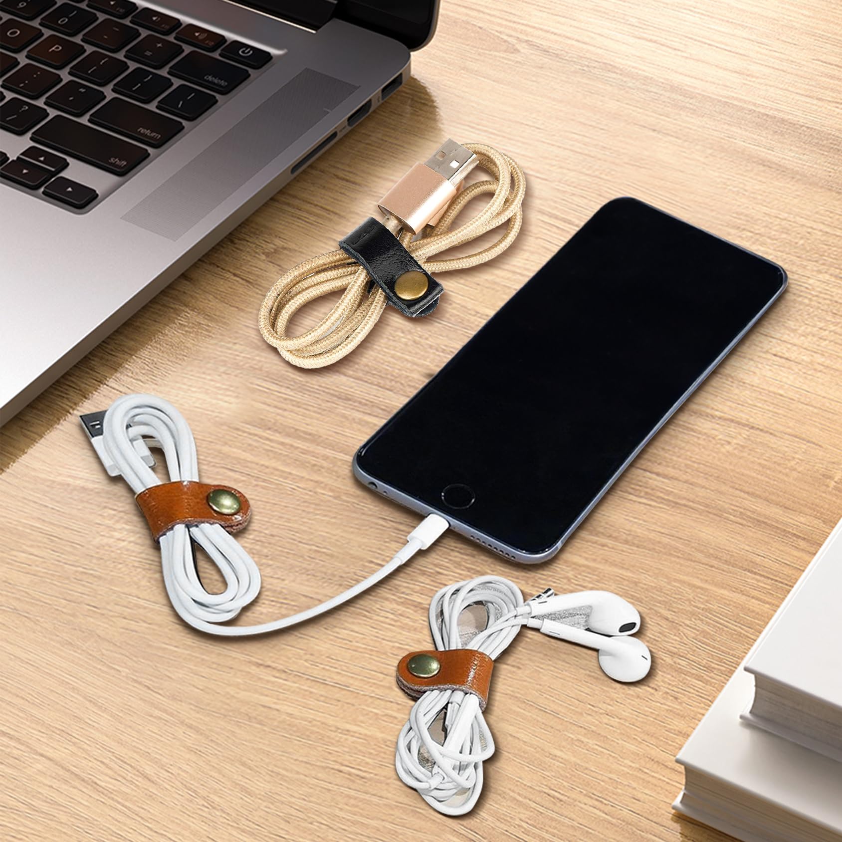 Premium Genuine Leather Cable Ties - 10 Long & 10 Short Cord Organizers with 2 Square Holders - Stylish Cord Winder for Home Office Desk, Travel, Electronics & Car Accessories Organization