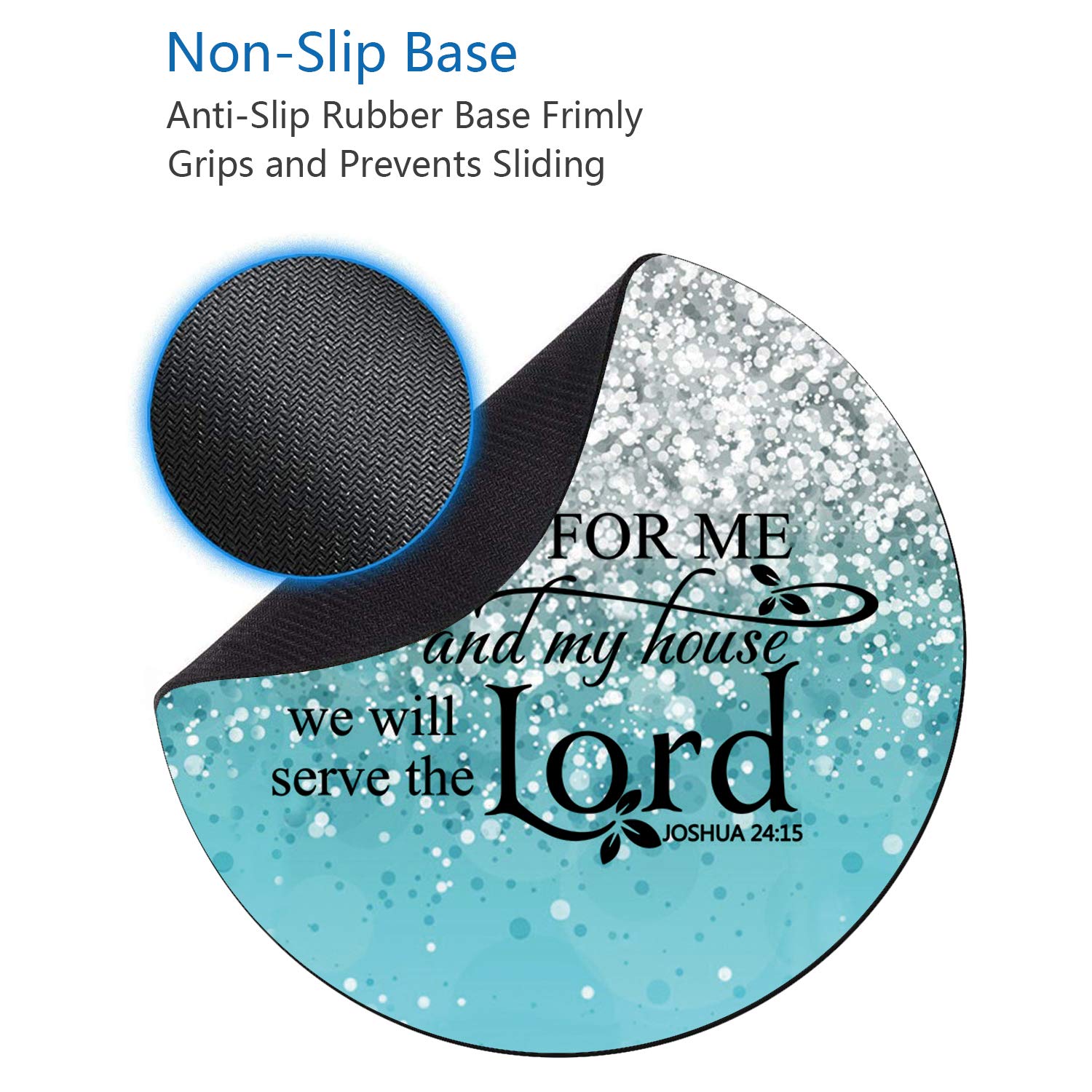 Blue Glitter Round Mouse Pad & Coasters Set with Non-Slip Rubber Base - Inspirational Joshua 24:15 Bible Verse - Perfect for Laptop, Computer & Office Decor - Christian Gift Idea for Home & Work
