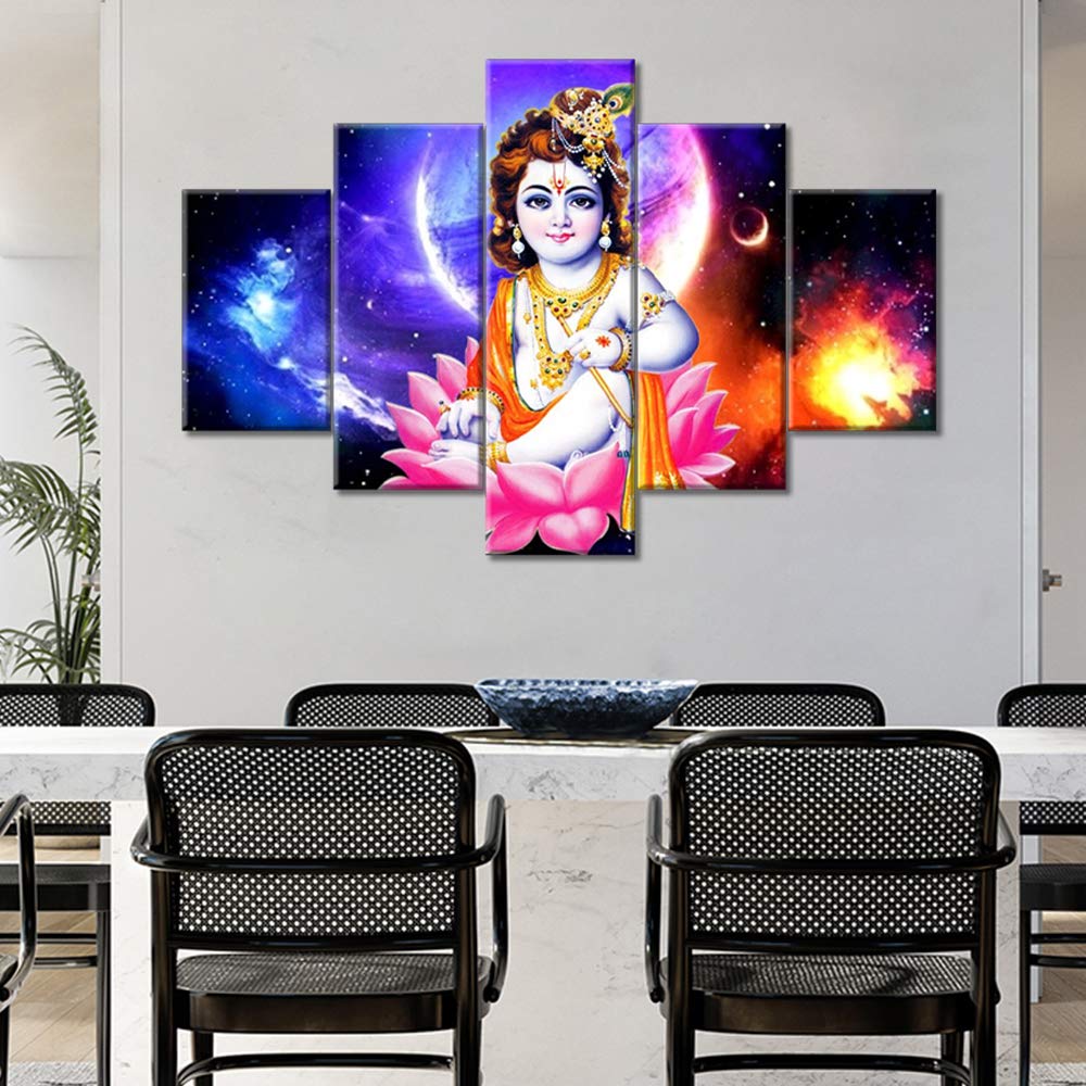 TUMOVO Indian Home Decor - Lord Krishna Wall Paintings Hindu Wall Art Set of 5 Framed Canvas Prints (60