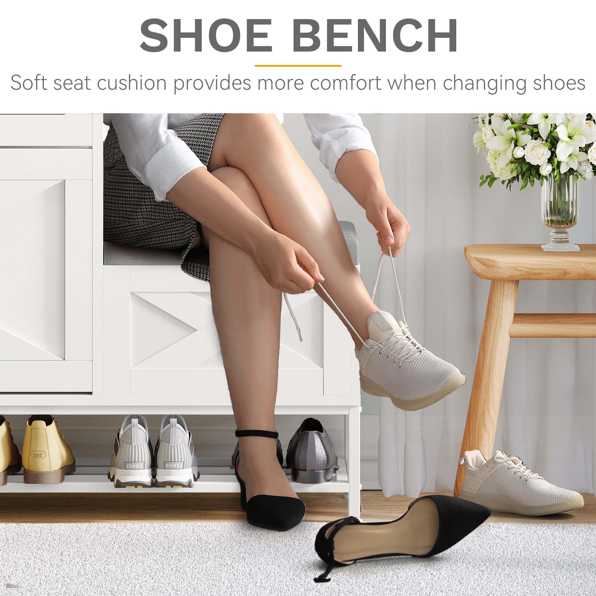 DWVO Farmhouse Shoe Storage Cabinet with 2 Flip Drawers - Holds 16 Pairs of Shoes, Entryway Organizer with Bench Seat | Slim Narrow Design for Hallway, Living Room & Entry | Perfect for Small Spaces & Home Organization (White)