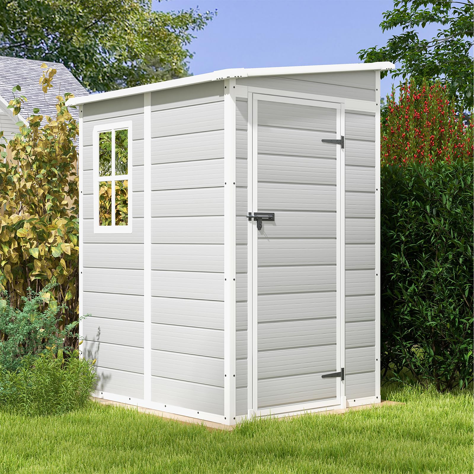 Patiowell 5x4 FT Outdoor Storage Shed - Durable Resin Garden Shed with Lockable Door, Floor & Window - Perfect for Patio Furniture, Garden Tools & Bicycle Storage (White & Grey) | Ideal for Backyard, Garage & Home Organization