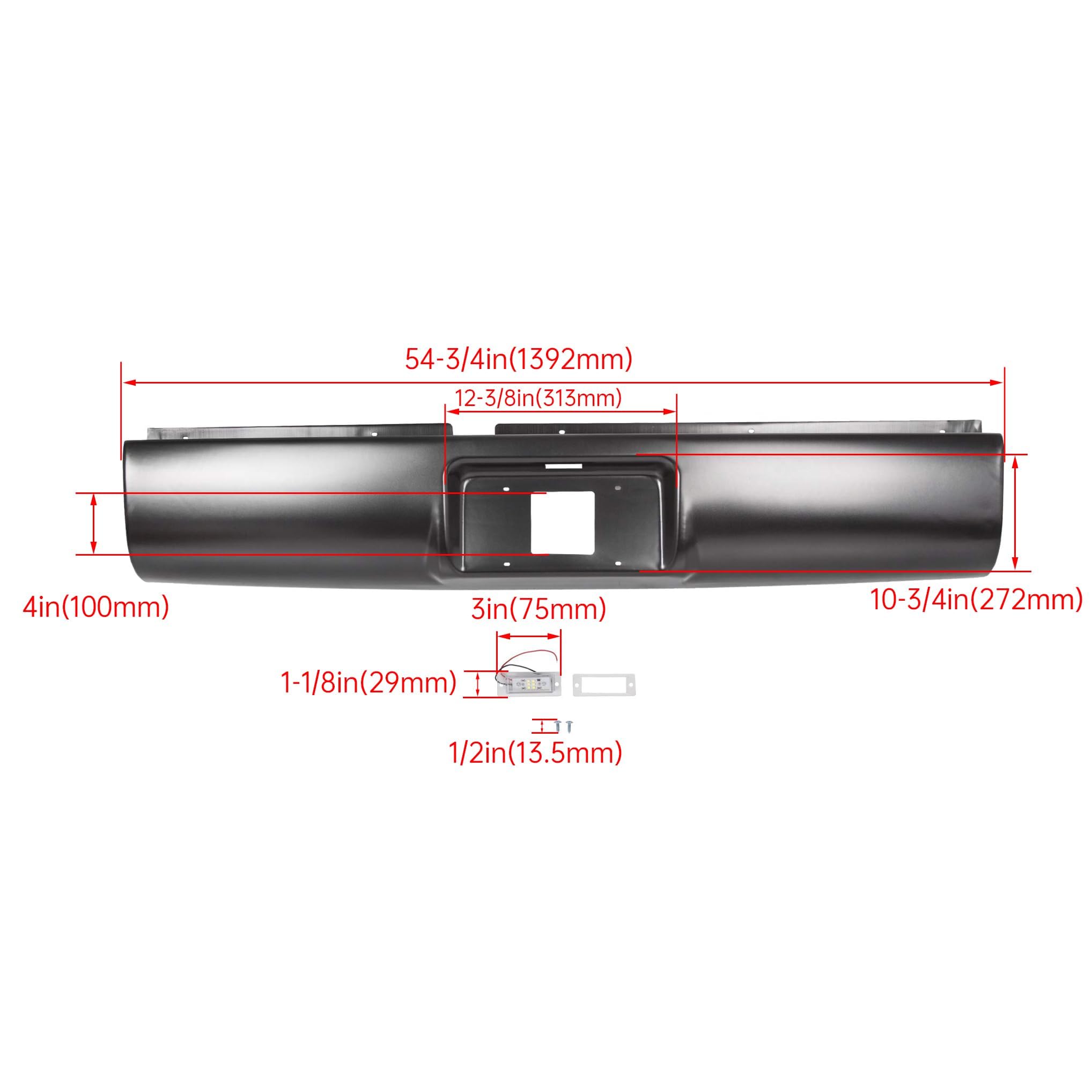 ECOTRIC Black Rear Roll Pan Bumper with License Plate Hole & Light - Compatible with 1994-2003 Chevy S10 S15 Sonoma GMC Pickup Truck | Durable Replacement for Rusted or Damaged Bumpers | Perfect for Off-Roading, Car Shows & Custom Builds