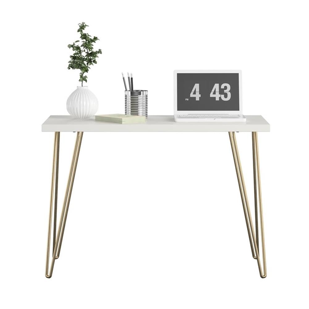 Vintage Mid-Century Modern White and Gold Wooden Computer Desk - Pemberly Row Retro Home Office Desk for Study, Work, and Gaming