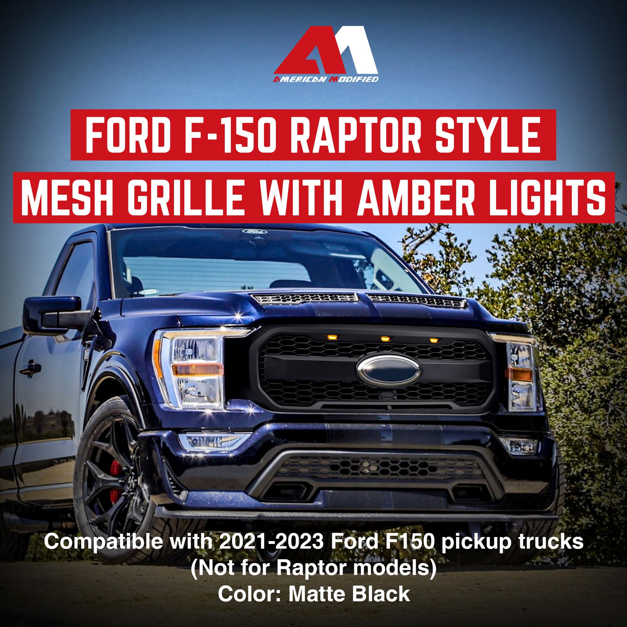 Raptor Style Mesh Grill with Amber LED Lights & Emblem Base for 2021-2023 Ford F150 | Matte Black Front Bumper Grille | Off-Road & Street Customization Upgrade