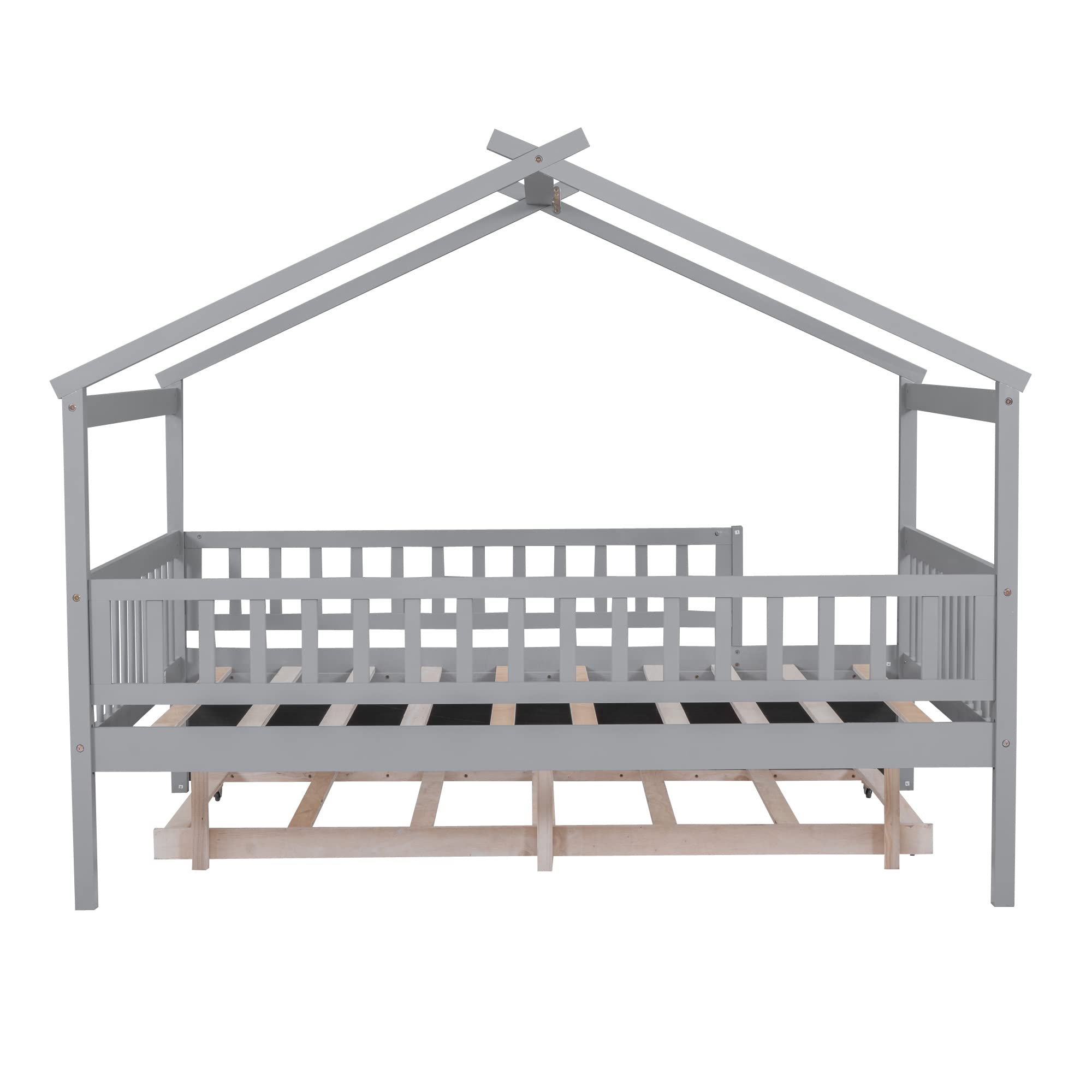 Harper & Bright Designs Full Size Wooden House Bed with Trundle - Kids Bed Frame with Roof & Fence Design for Boys & Girls (Gray) - Perfect for Bedrooms, Playrooms & Montessori Spaces