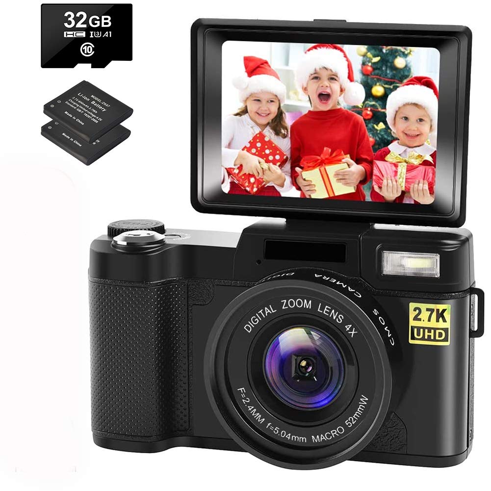 CEDITA 30MP Digital Camera for Vlogging - 2.7K Full HD YouTube Camera with 180° Flip Screen, 32GB SD Card & 2 Batteries (Fixed Focus, Black) - Perfect for Travel, Blogging and Content Creation