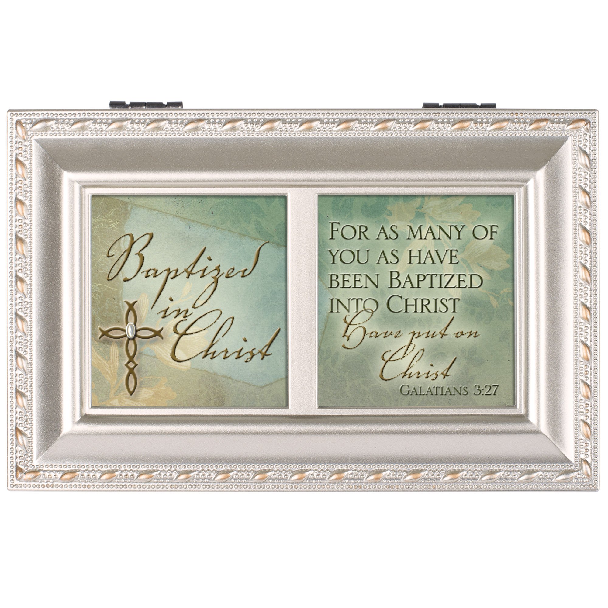 Baptized in Christ Champagne Silver Petite Music Jewelry Box - Plays Amazing Grace Hymn | Perfect for Christian Gifts, Baptism Favors & Home Decor