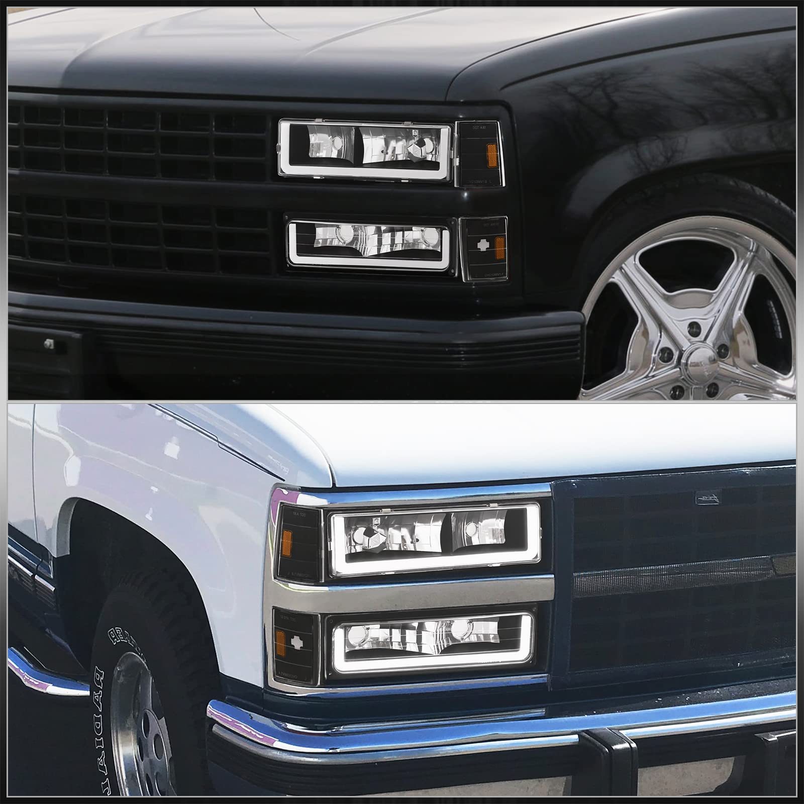Black Amber LED DRL Driving Headlights + Corner Bumper Signal Lamps - Compatible with Chevy C10 C/K C1500 C2500 C3500 K1500 K2500 K3500 Blazer Silverado Suburban (1988-1993) | High Visibility Daytime Running Lights for Enhanced Safety & Style