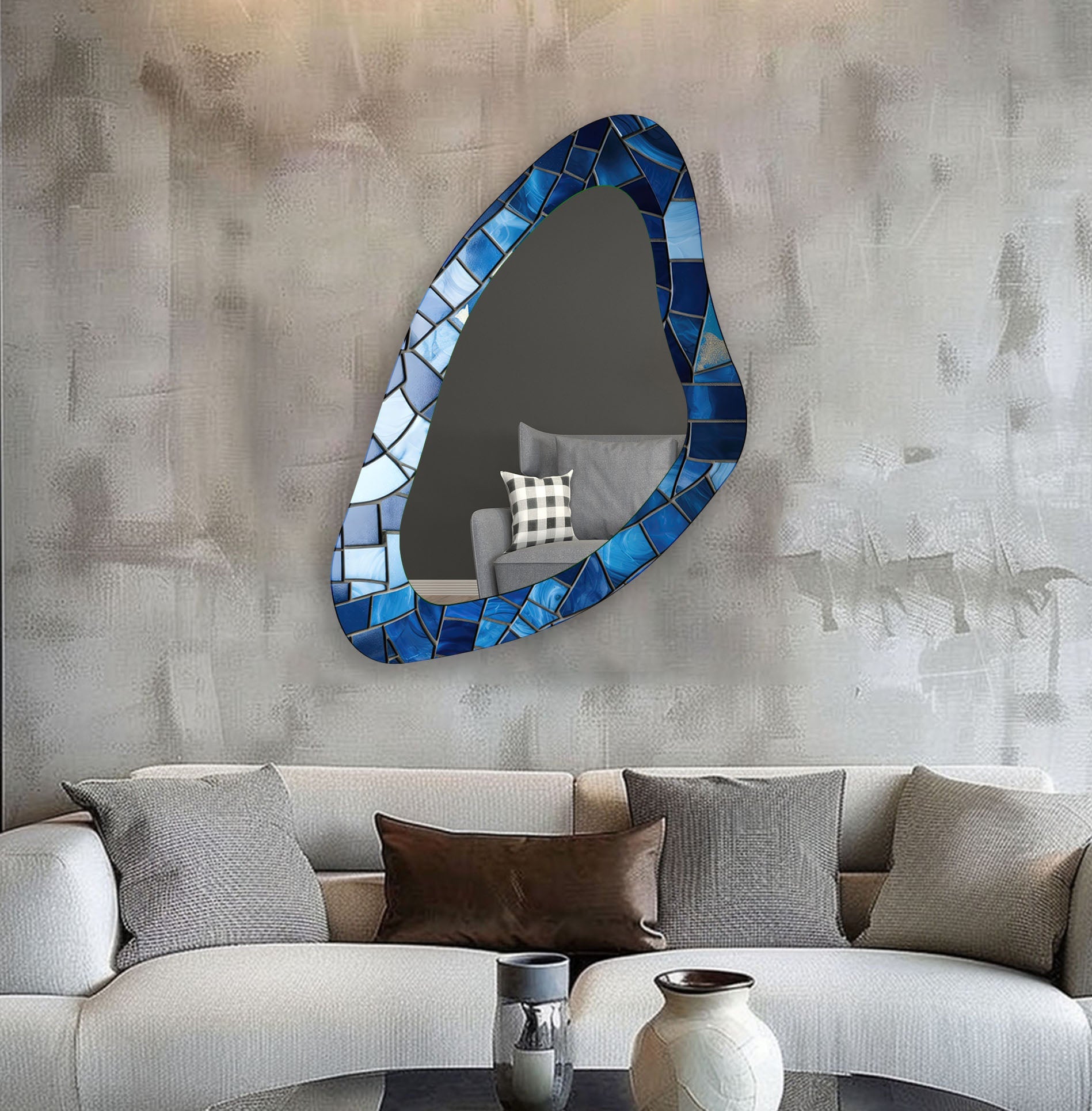 Blue Mosaic Decorative Wall Mirror - Handcrafted Boho Style Accent Mirror for Living Room, Bedroom, or Bathroom Decor