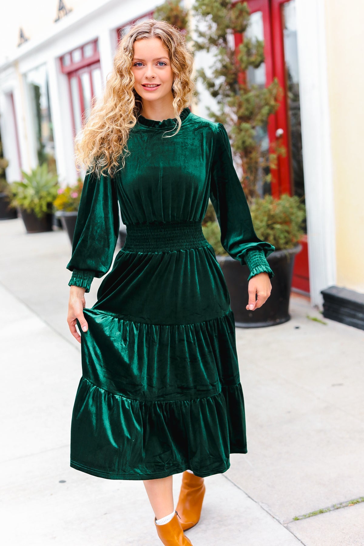 Holiday Dreaming Hunter Green Velvet Mock Neck Smocked Waist Dress for Women - Elegant Holiday Party & Christmas Dinner Outfit