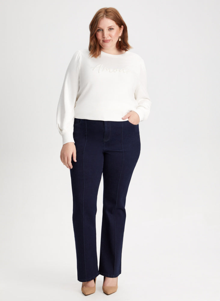 Trendy Beaded Slogan Pullover & Bootcut Jeans Set for Women - Casual Outfit for Street Style, Date Night & Weekend Wear
