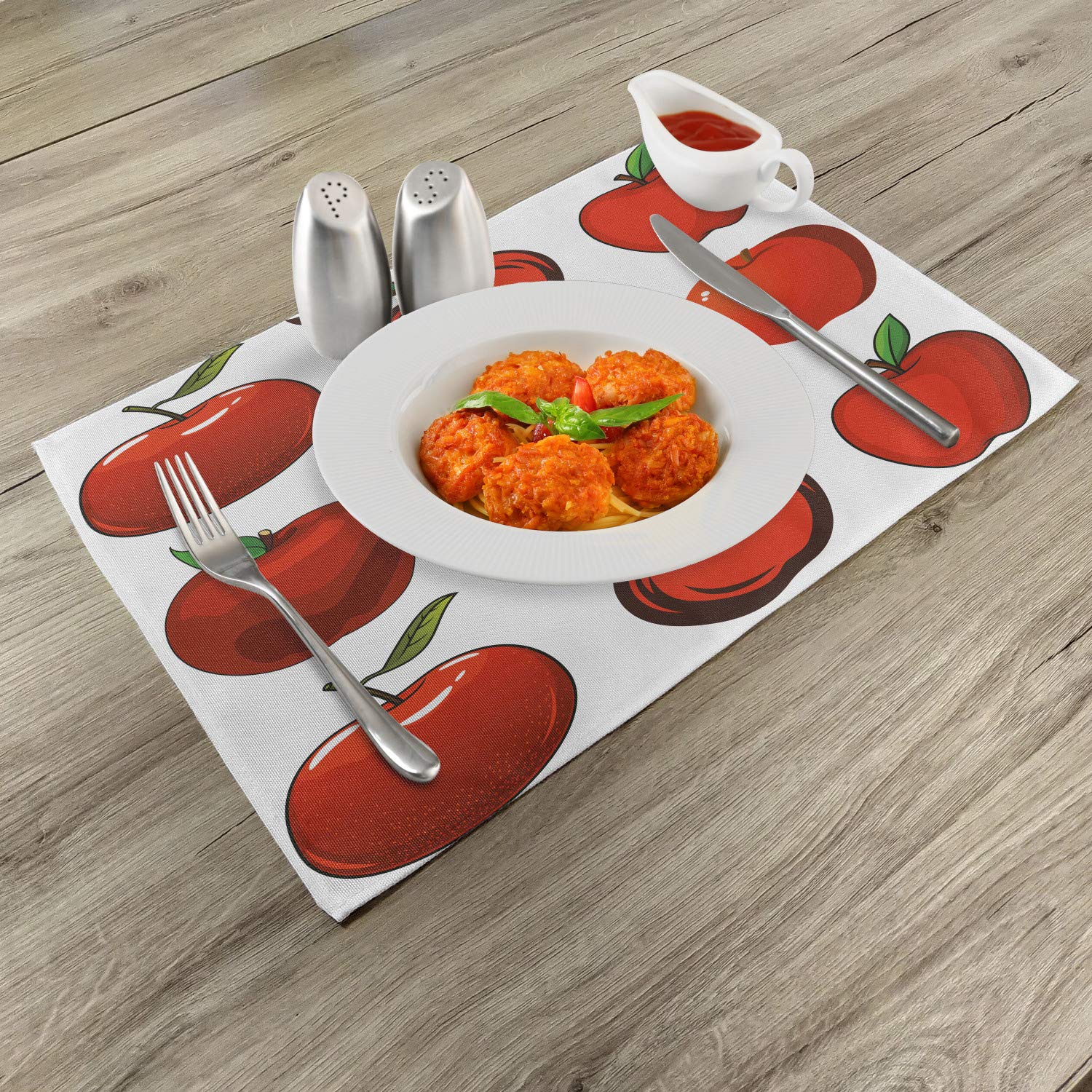 Lunarable Fruits Place Mats Set of 4 - Cartoon Apple Design Washable Fabric Dining Table Mats for Kitchen, Home Decor & Vegan Meals - Green & White Standard Size (Perfect for Family Dinners, Parties & Healthy Eating)