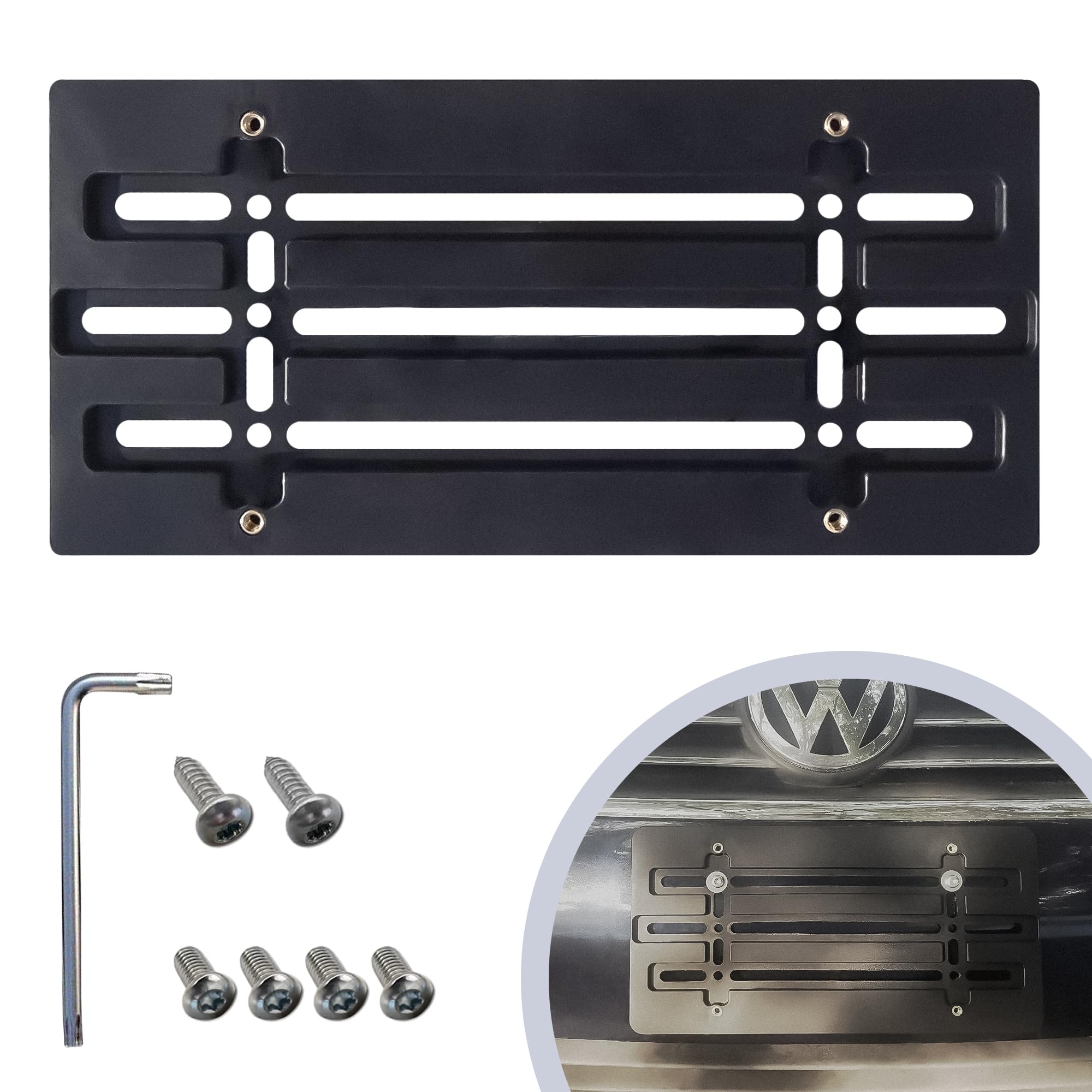 VW Volkswagen Front Bumper License Plate Bracket Holder Set with 6 Screw Bolts & Wrench Kit | Premium Car & Truck Tag Mounting Accessories | Perfect for Jetta, Golf, Passat & Tiguan Models