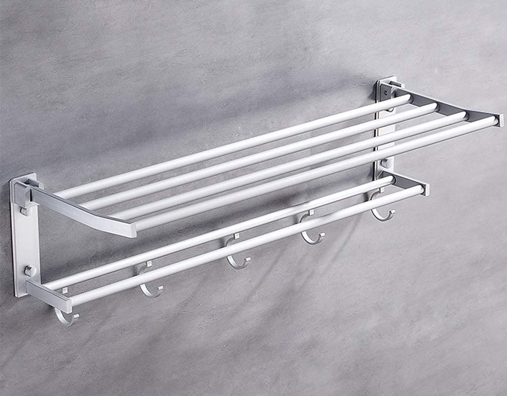 Aluminum Wall Mounted Towel Rack - Foldable Hand Towel Holder with Double Hooks, 60cm Bathroom Shelf for Modern Homes | Easy Installation for Bathroom, Kitchen & Laundry Room Organization