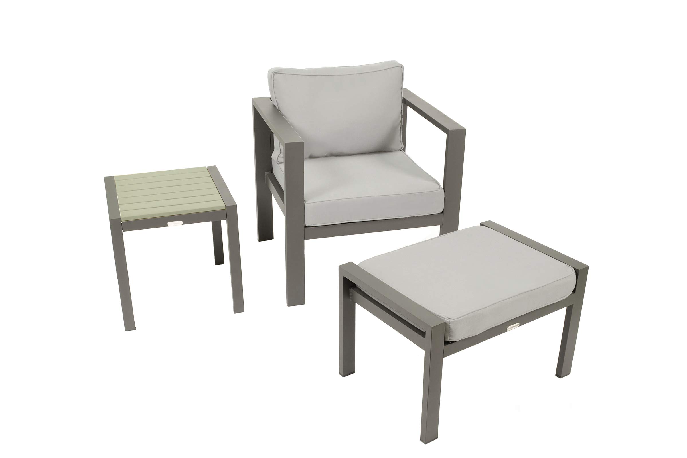 Modern Aluminum Outdoor Club Chair Set with Ottoman & Side Table - Gray Patio Furniture for Garden, Poolside & Backyard Relaxation