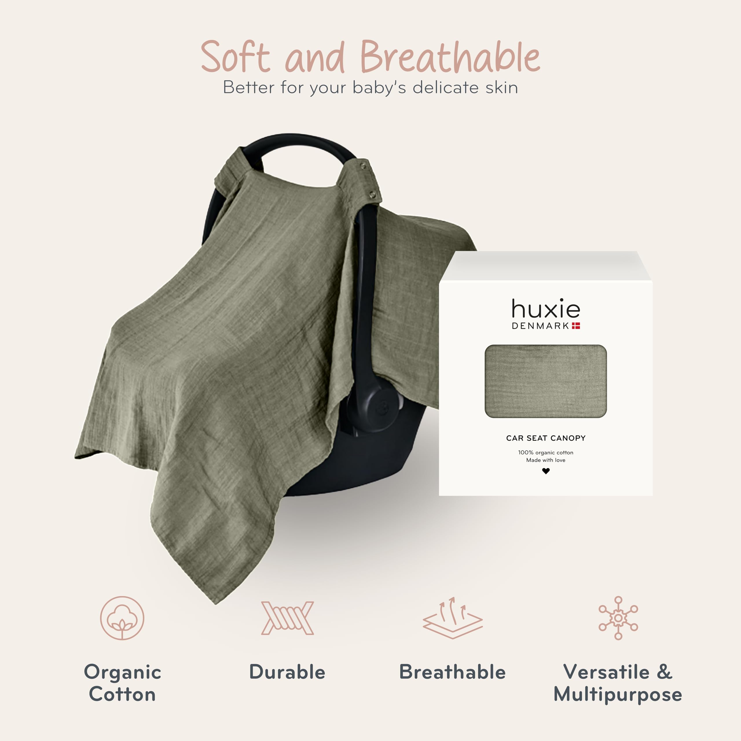 Organic Cotton Baby Car Seat Cover & Canopy - 100% Muslin, 43