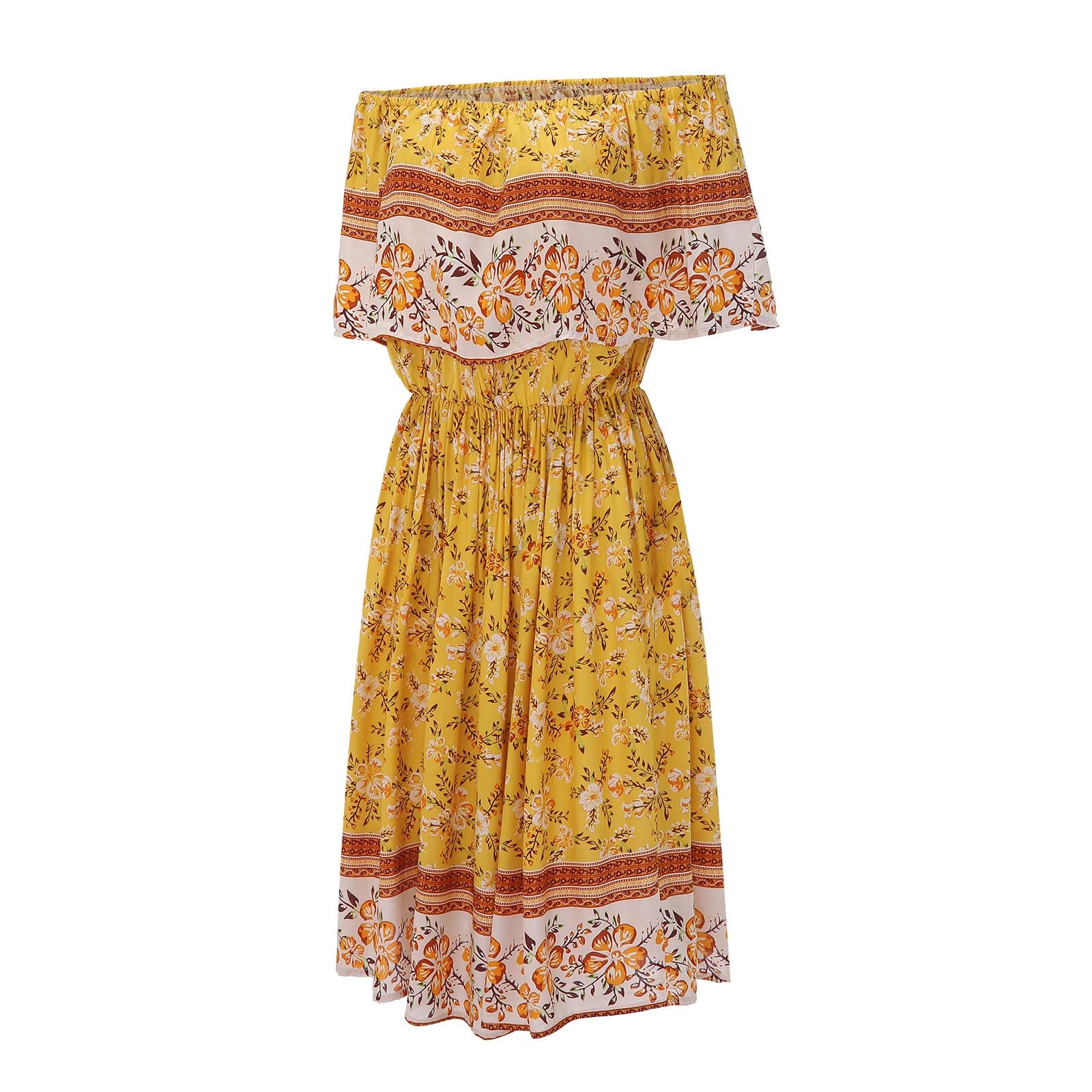 Women's Bohemian Elastic Smocked Off-Shoulder Backless Ruffle Floral Midi Dress - Casual Summer Tunic for Beach, Music Festivals & Date Nights