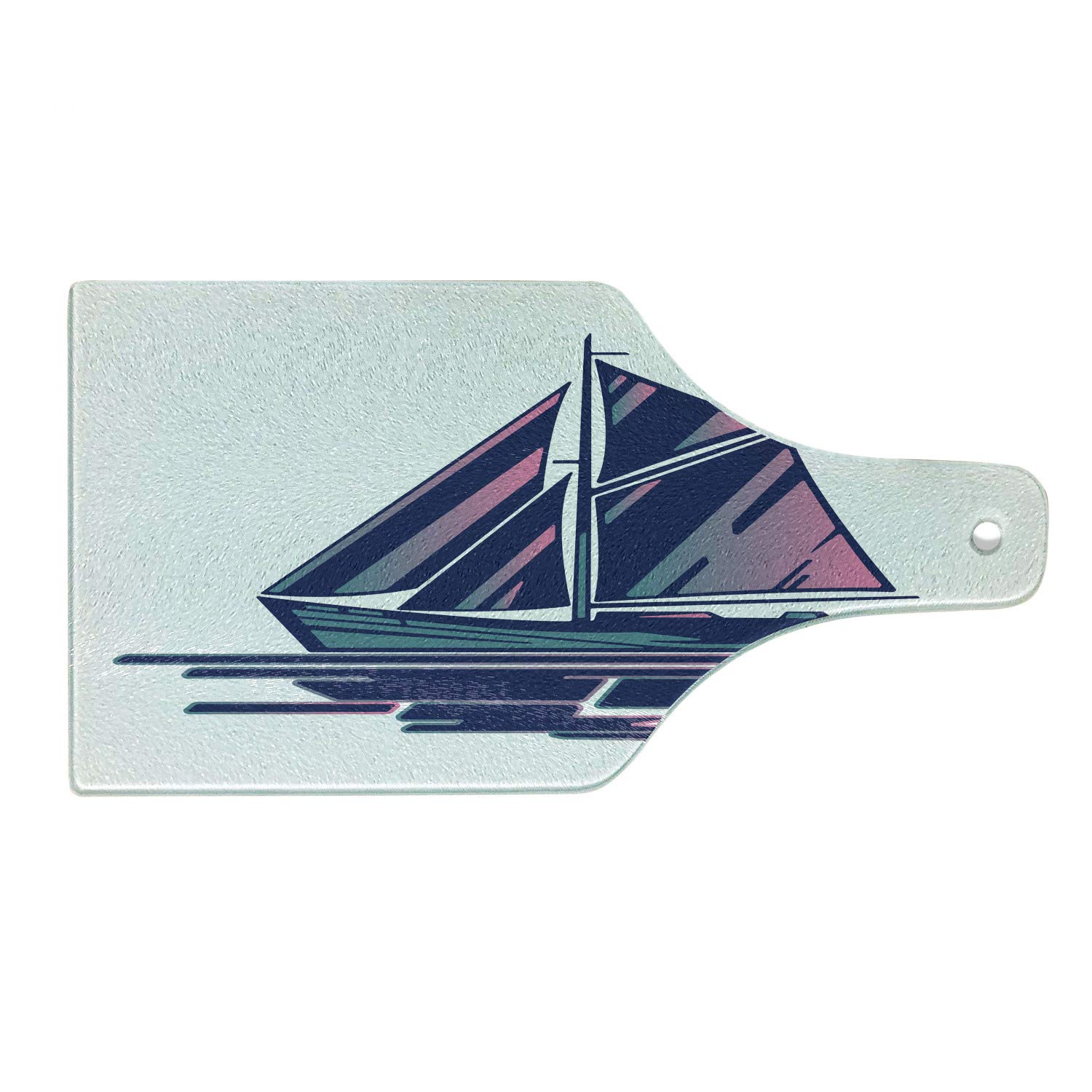 Ambesonne Vintage 80's Sailing Boat Tempered Glass Cutting Board - Sky Blue, White & Mauve Decorative Serving Board with Wine Bottle Shape - Perfect for Kitchen Prep, Charcuterie Display & Party Serving