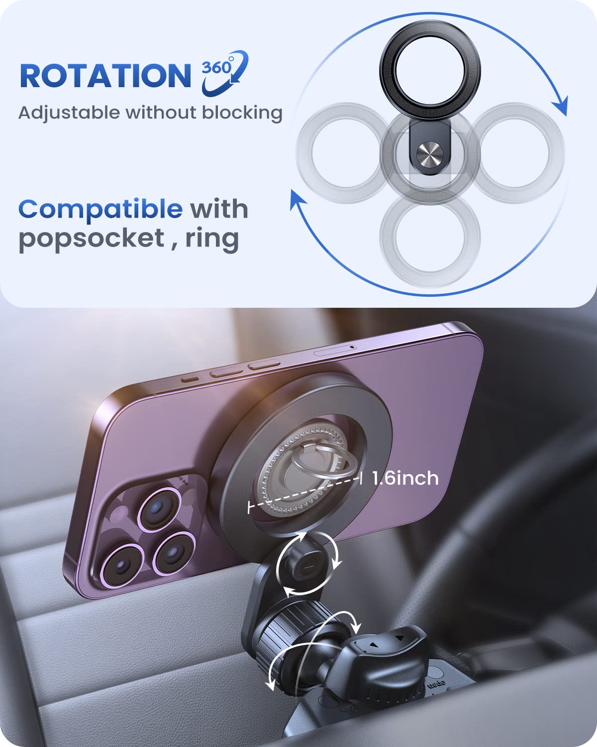 OQTIQ Magnetic Phone Holder for Car - Hollow Ring Design CD Slot Mount Compatible with iPhone 16/15/14/13 Pro Max/Mini/Plus & MagSafe Cases - Perfect for Hands-Free Driving & Navigation