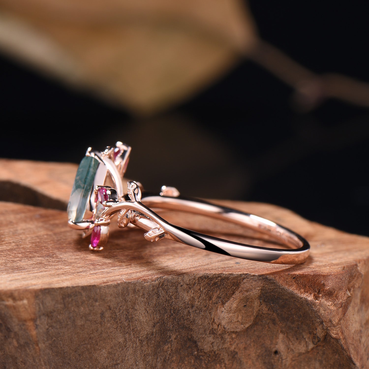 Nature Inspired Moss Agate Ring with Leaf Marquise Cut Ruby - Elegant Bohemian Jewelry for Women, Perfect for Weddings, Parties & Everyday Wear