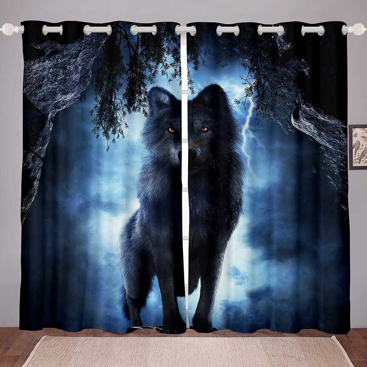 Wolf Print Window Curtains - Wild Animal Theme Drapes for Kids Room, Boys & Girls Wildlife Style Bedroom Decor (Blue, 2 Panels) - Perfect for Living Room, Nursery, or Playroom Windows