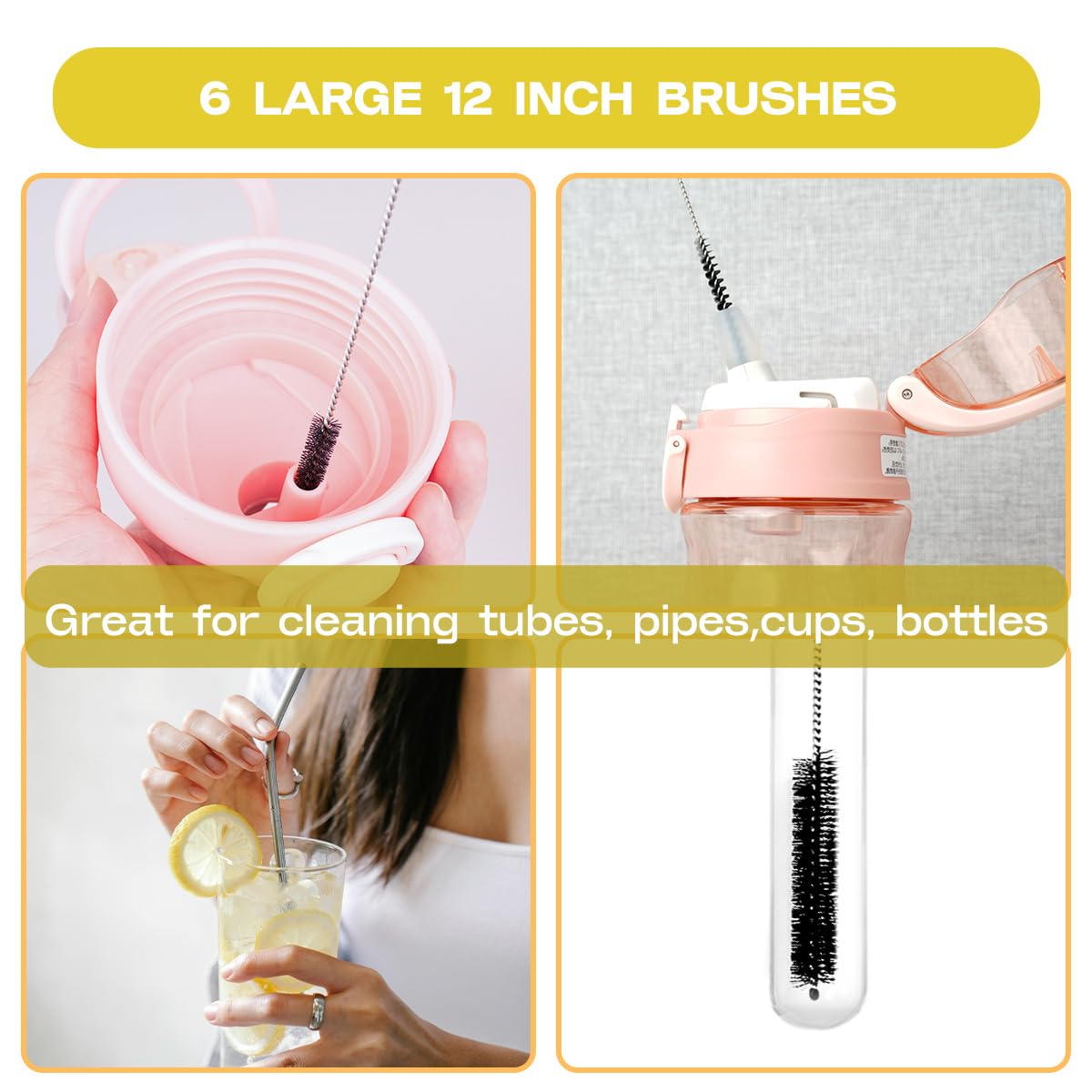6-Piece Long Drinking Straw Cleaner Brush Set - 10-Inch Pipe & Tube Cleaning Brushes (Black) - Perfect for Reusable Straws, Water Bottles, and Smoothie Cups