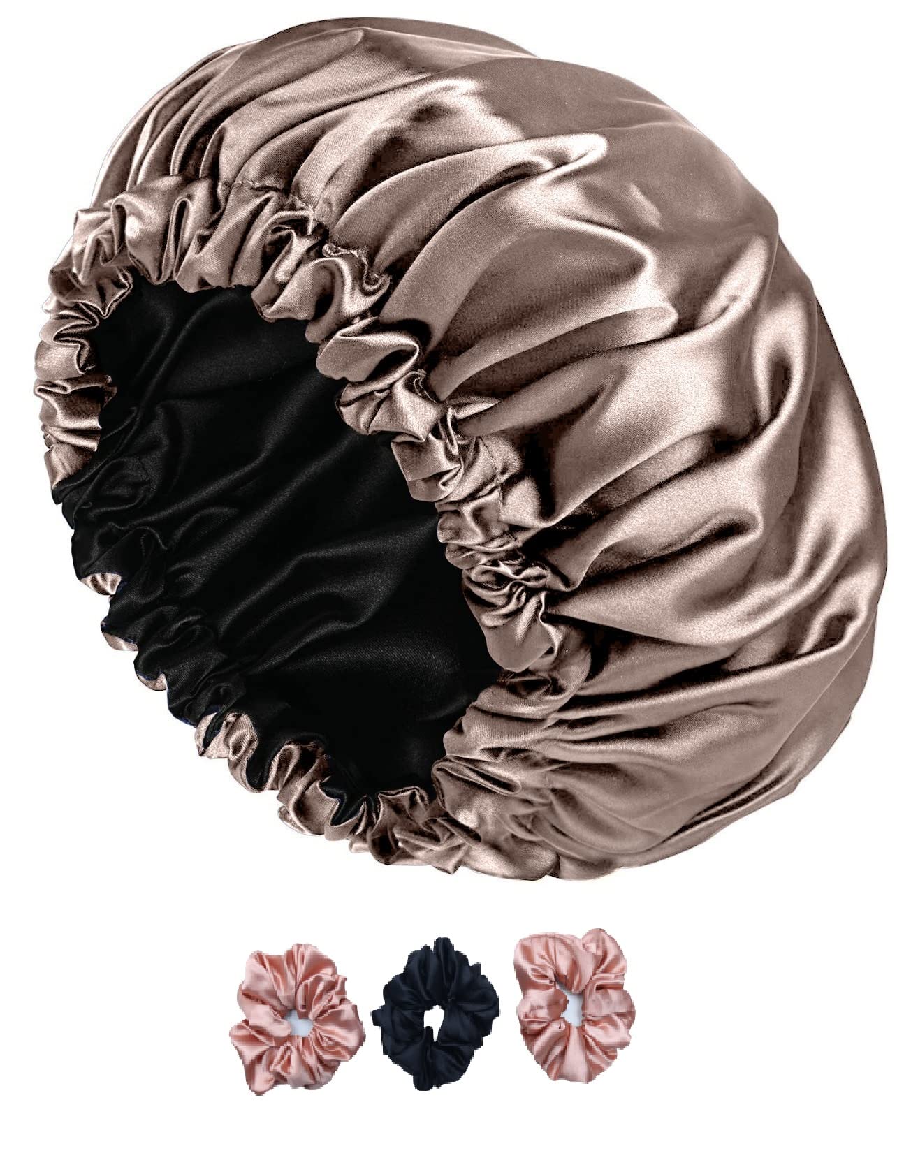 AP SALES Silk & Satin Sleep Bonnet for Curly Hair - Adjustable Hair Cap with 3 Bonus Scrunchies | Perfect for Nighttime Hair Protection, Travel & Salon Visits