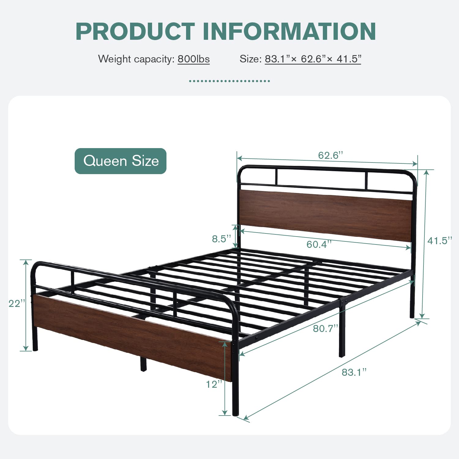 Industrial Style Queen Bed Frame with Wood Headboard - 12