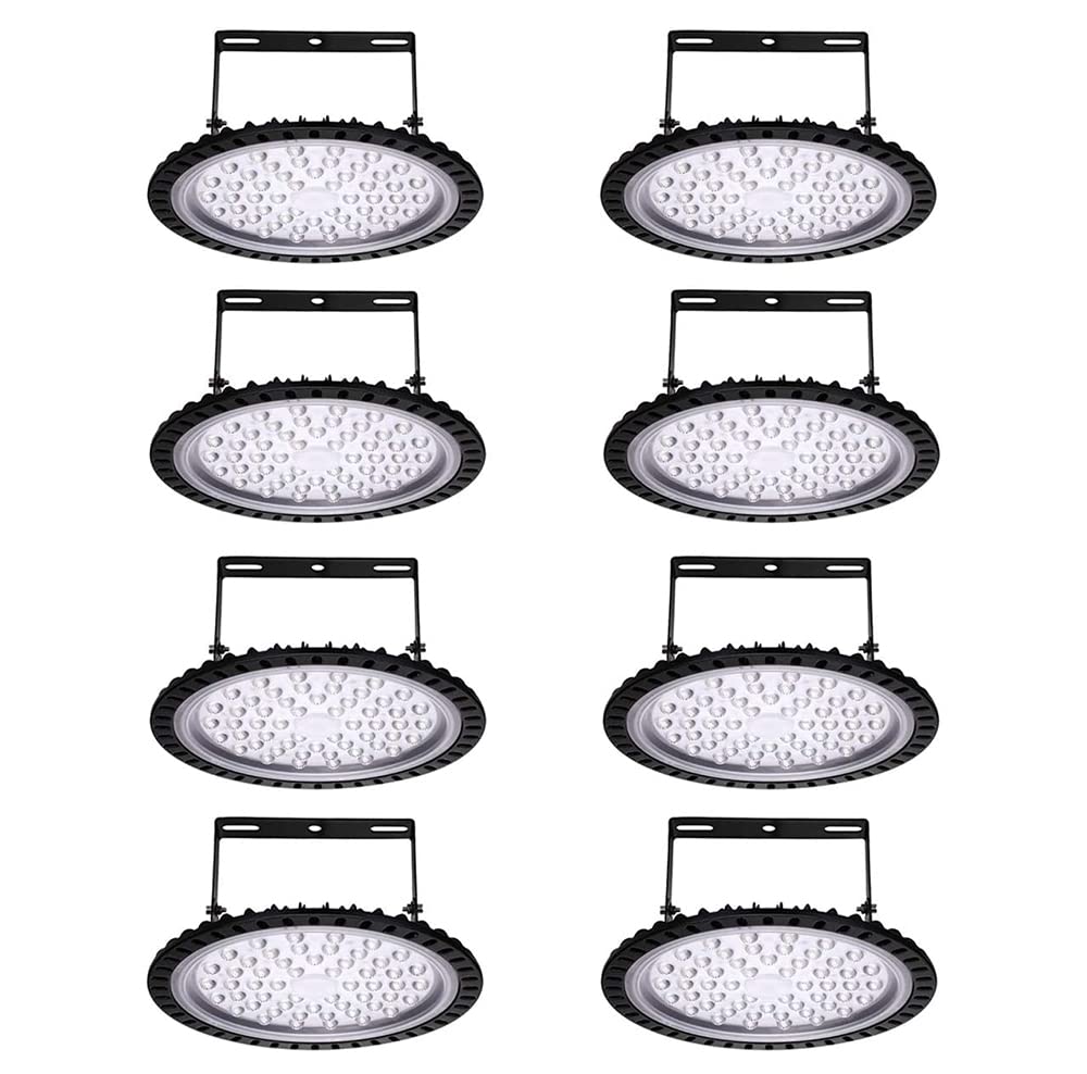 AZMYSYS 100W LED UFO High Bay Light - Dimmable 16000 Lumens, IP65 Waterproof, 220V, 6000K-6500K Daylight - Ultra Slim Industrial & Commercial Lighting Fixture (8 Pack) - Perfect for Warehouses, Factories, Garages & High-Ceiling Spaces