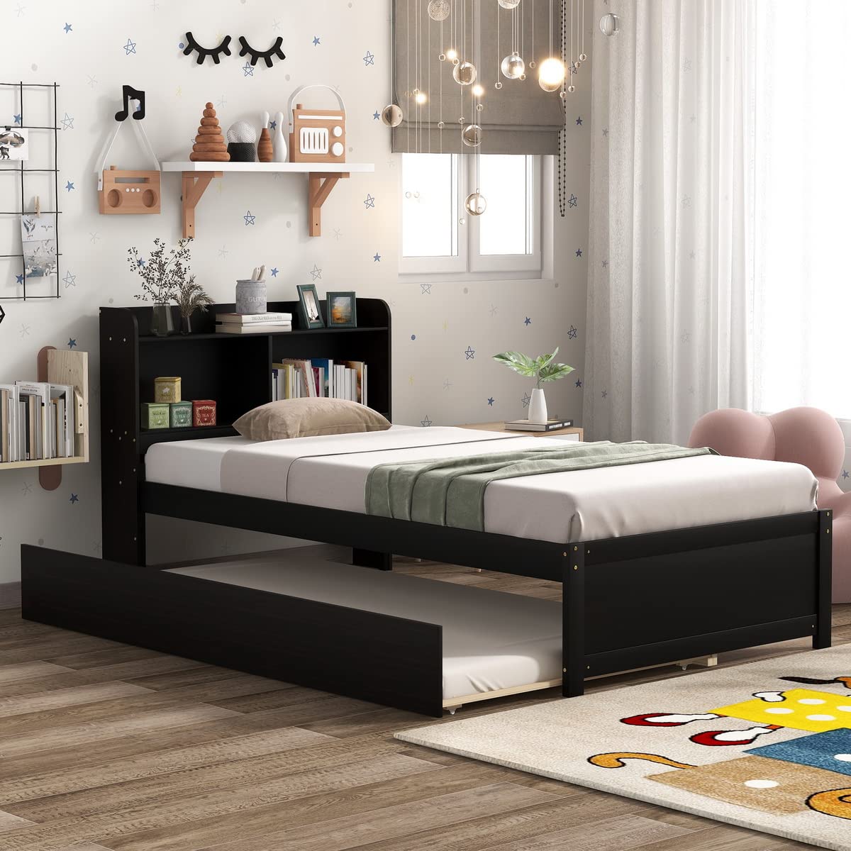 **Wood Twin Bookcase Bed with Trundle & Storage Headboard - Espresso Platform Bed Frame for Kids, Teens, Adults - Perfect for Small Rooms, Dormitories & Guest Bedrooms**
