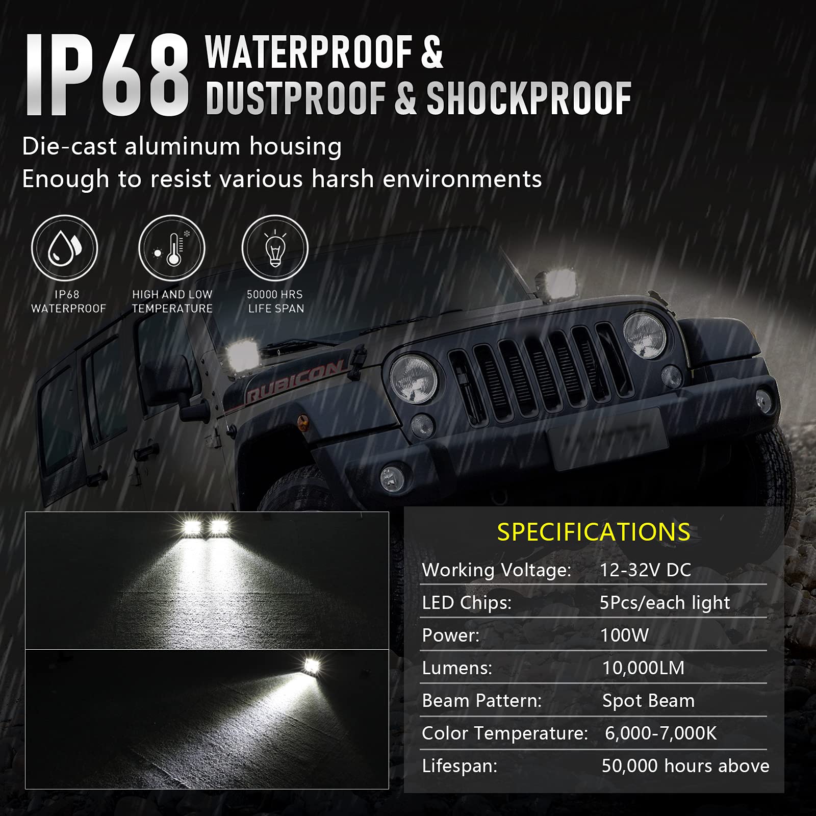 100W 3 Inch LED Cube Pods - 10,000LM Combo Beam Driving Lights for Trucks, ATV, UTV, Motorcycle & Off-Road Vehicles | Waterproof Fog Lights & Work Lights for Bumper, Pickup, Boat & 4WD Adventures