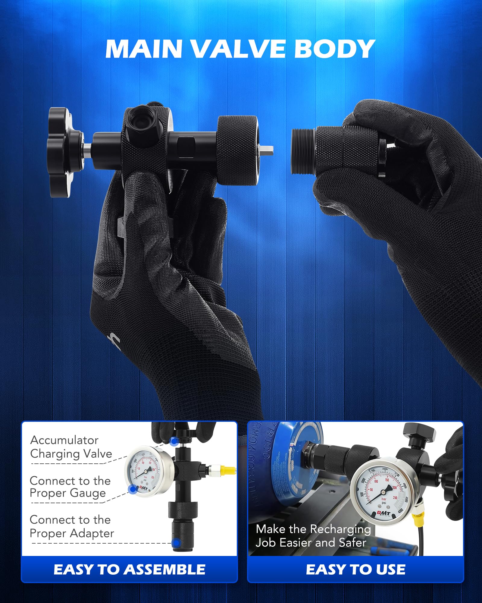 Orion Motor Tech Hydraulic Nitrogen Accumulator Charging Kit - 1300/3500/5500 PSI with 3 Gauges, 6 Adapters, Gas Hose & Valve Body - Professional Hydraulic Pressure Test Kit for Industrial & Automotive Applications - Perfect for Hydraulic System Maintenance & Nitrogen Charging