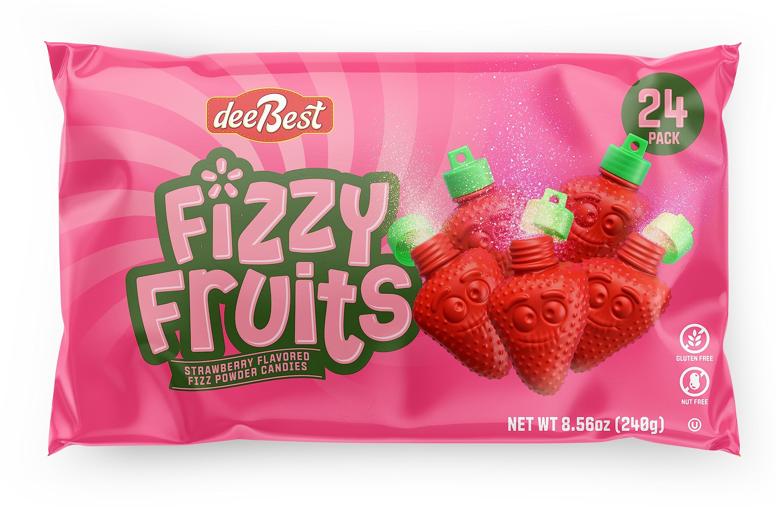 Dee Best Strawberry Shaped Fizzy Powder Candy - 24-Pack Kosher & Gluten-Free Fruit Flavored Treats - Perfect for Kids Parties, Halloween Goodie Bags & School Snacks